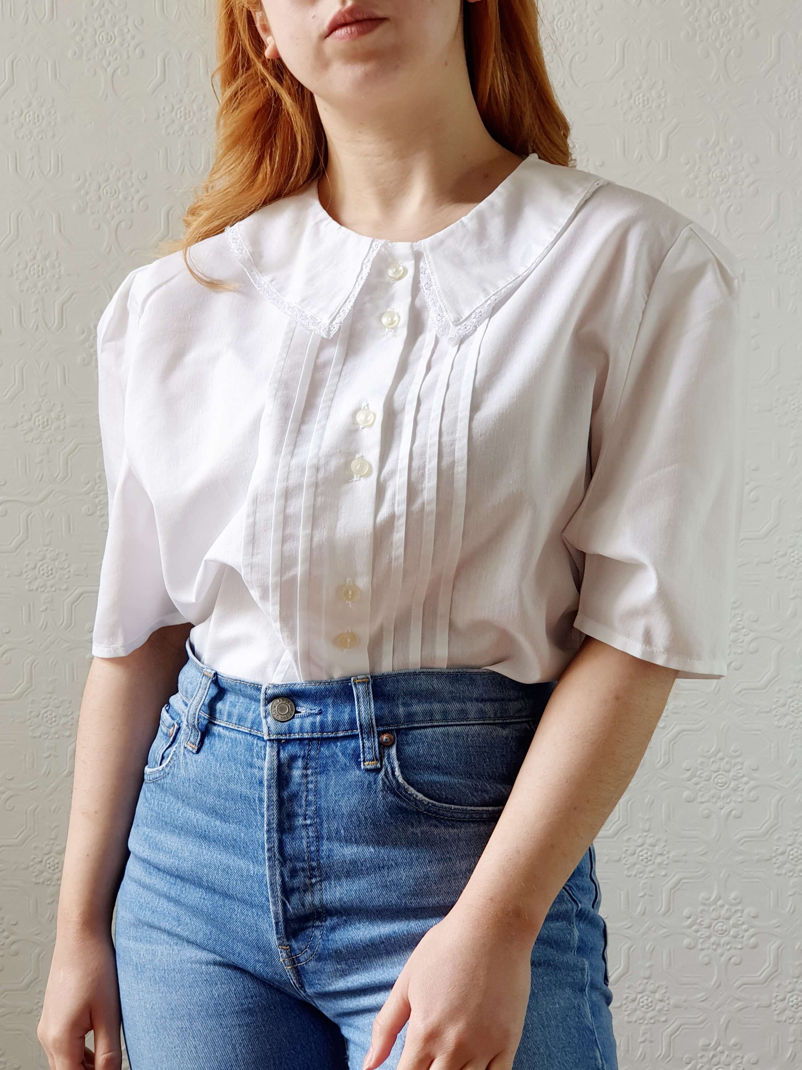 Vintage White Blouse with Lacy Statement Collar - XL - Image 5