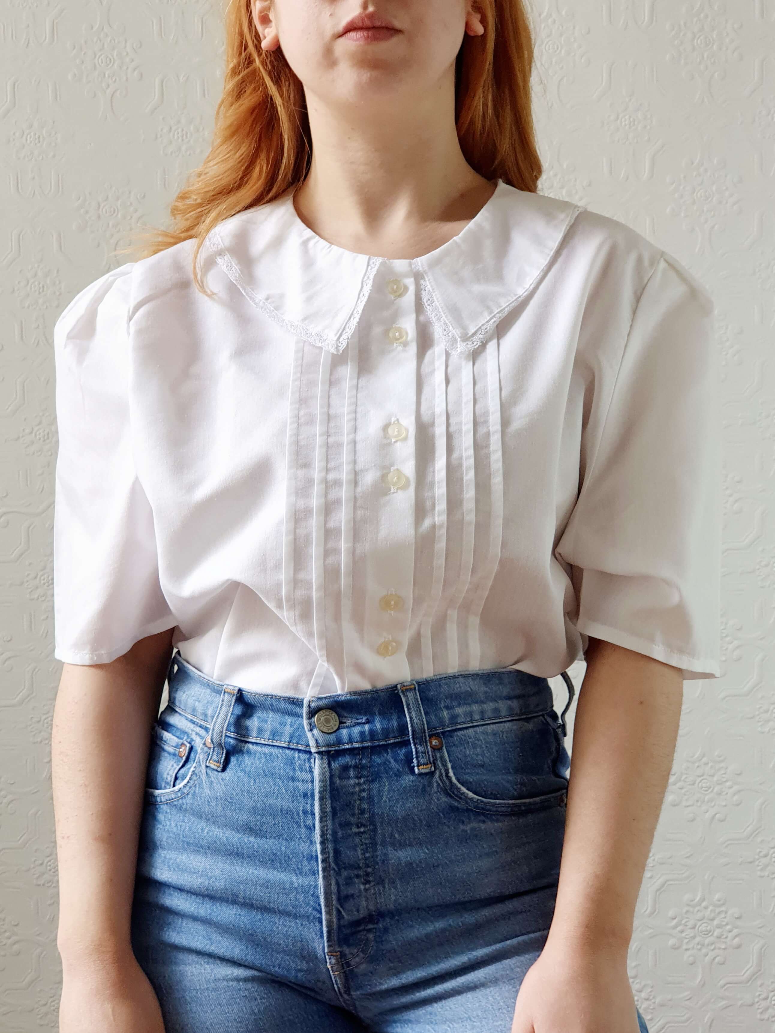 Vintage White Blouse with Lacy Statement Collar - XL - Image 6