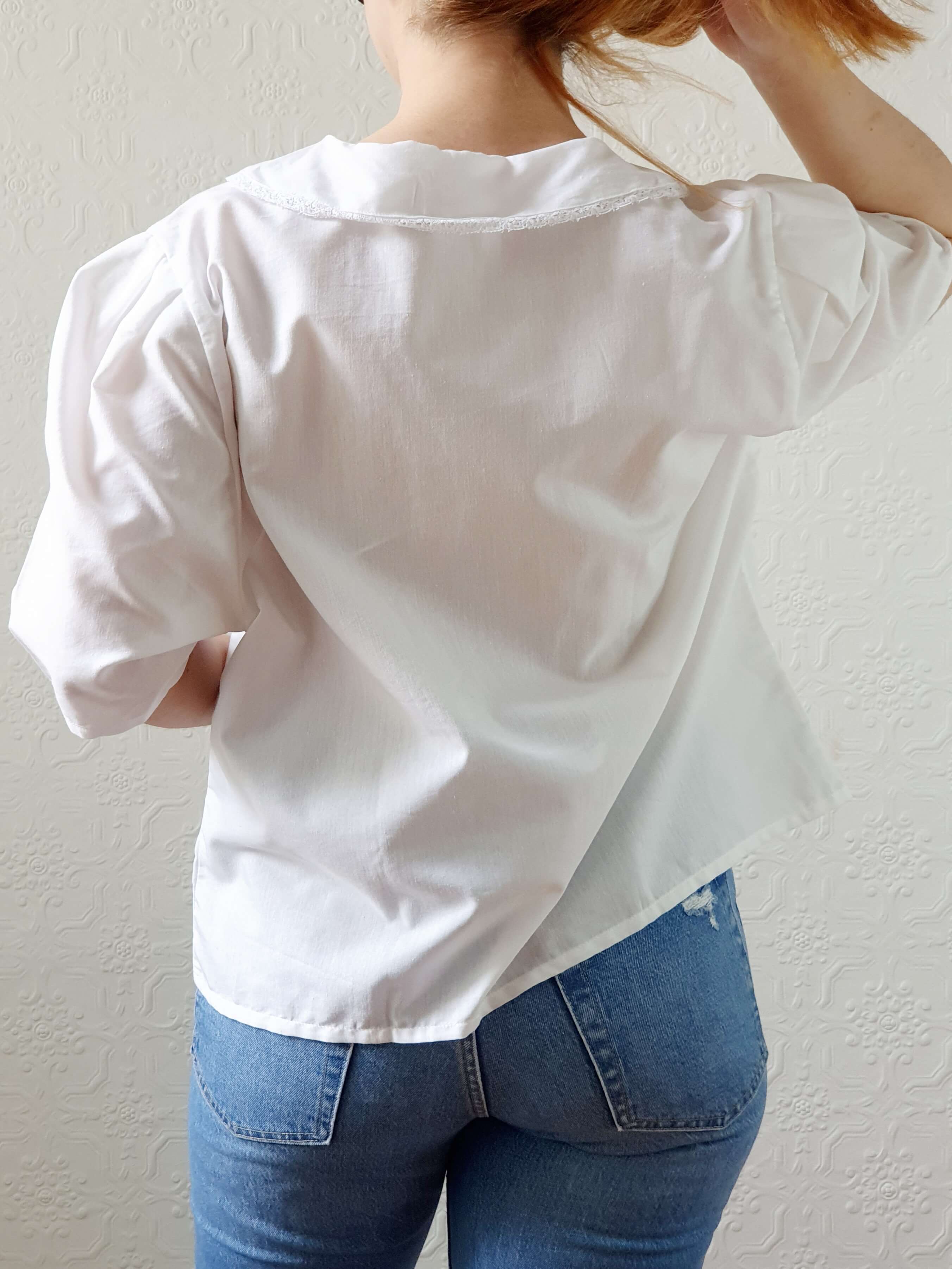 Vintage White Blouse with Lacy Statement Collar - XL - Image 8