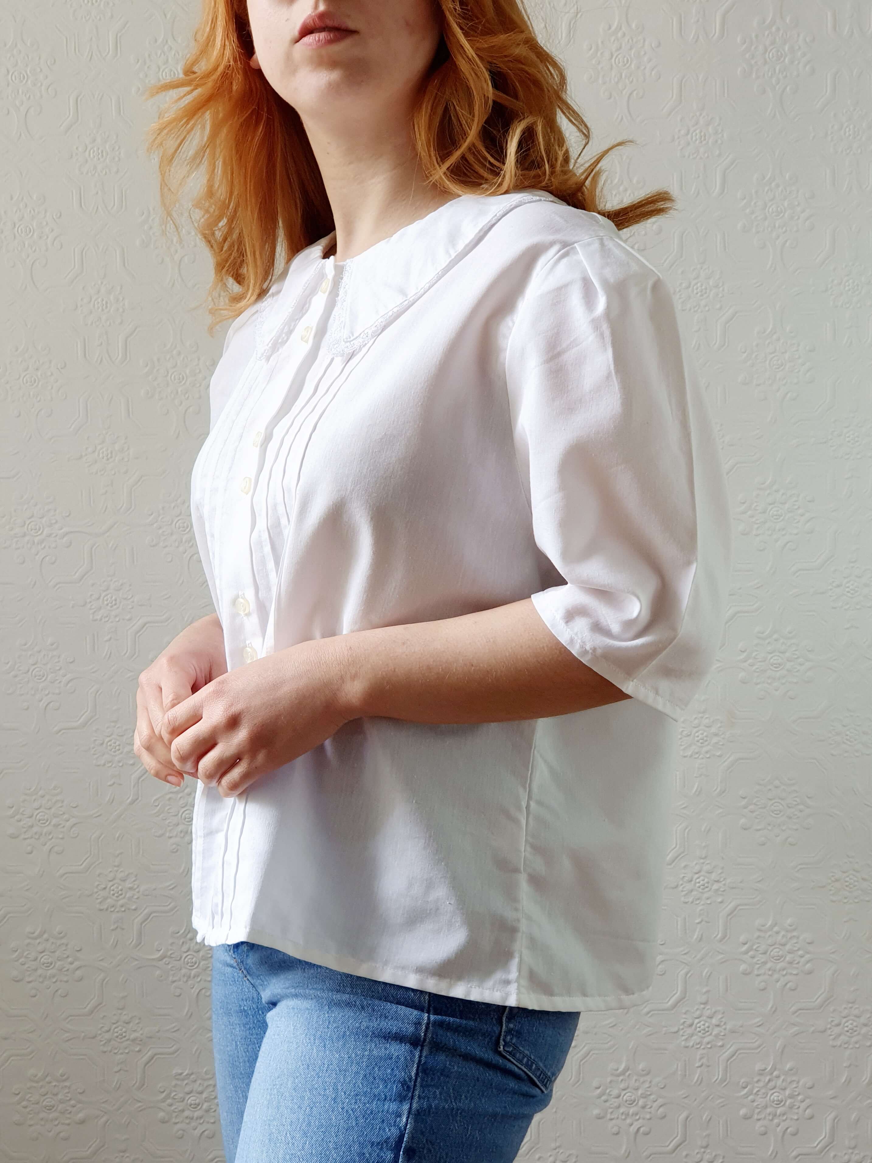 Vintage White Blouse with Lacy Statement Collar - XL - Image 9