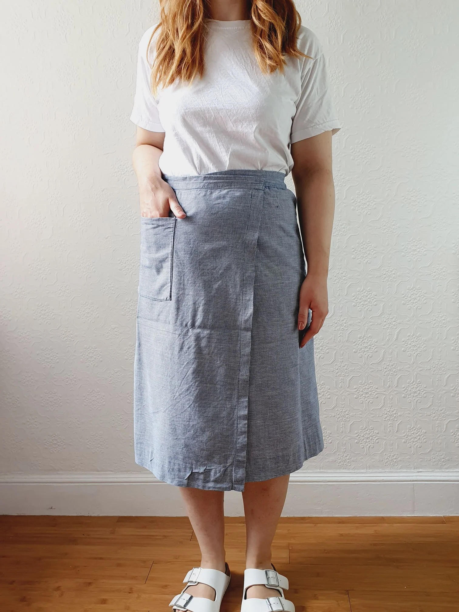 Vintage White & Blue Houndstooth Wrap Skirt with Pocket - XS/S