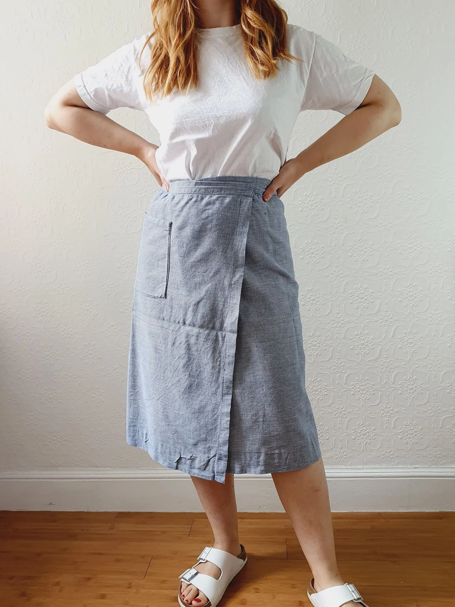 Vintage White & Blue Houndstooth Wrap Skirt with Pocket - XS/S - Image 2