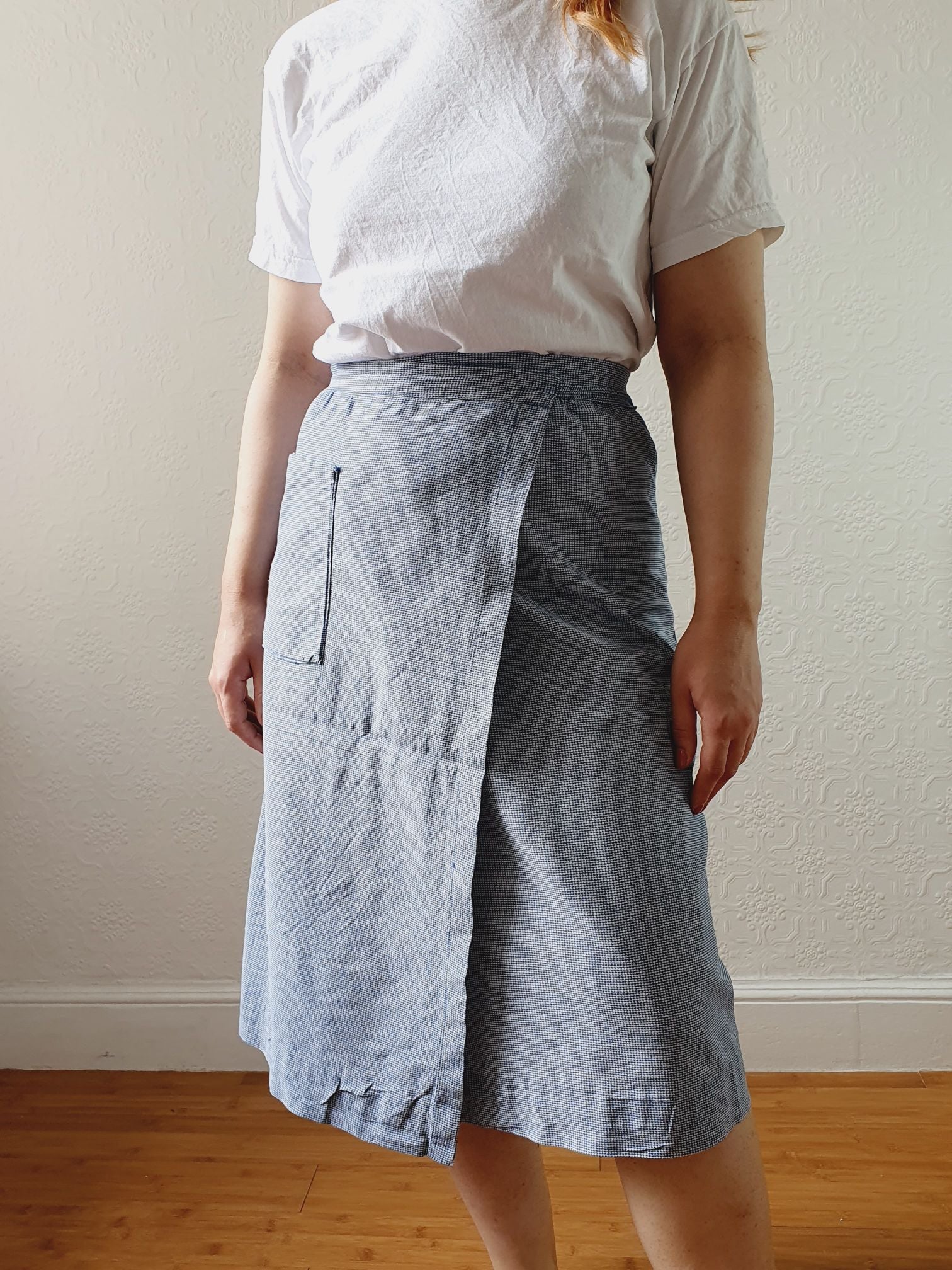Vintage White & Blue Houndstooth Wrap Skirt with Pocket - XS/S - Image 8