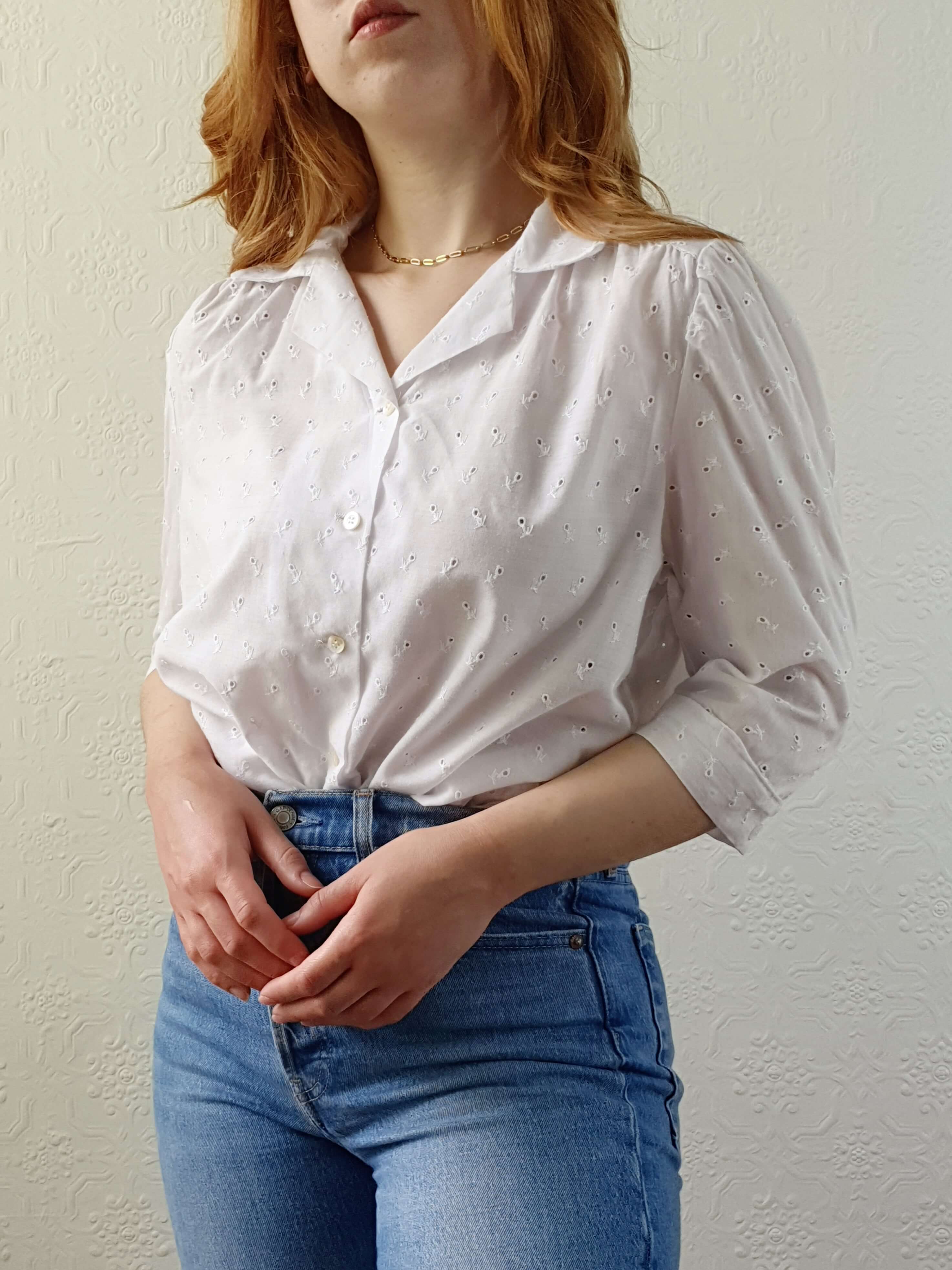 Vintage White Broderie Anglaise Half Sleeve Blouse - M