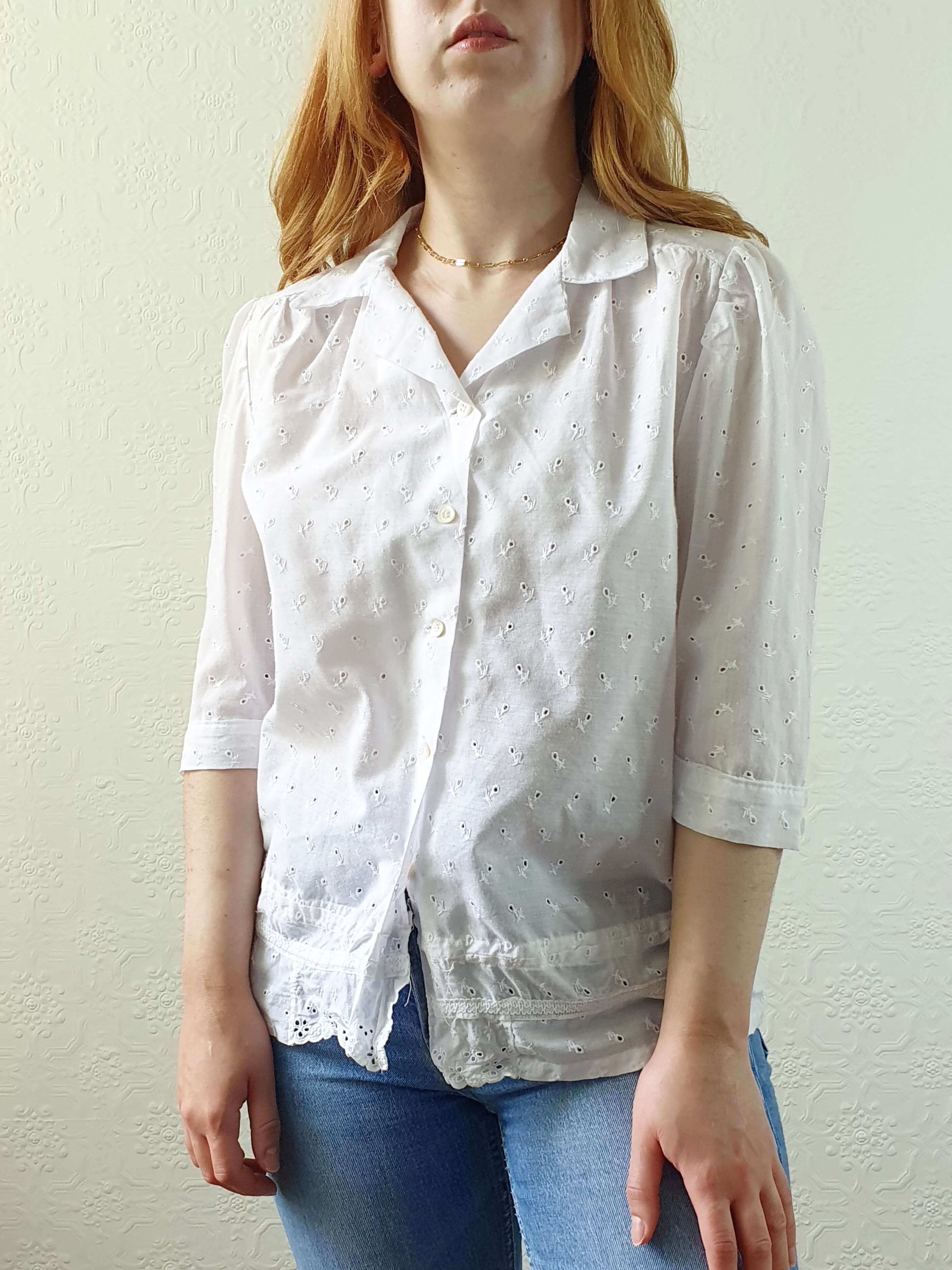 Vintage White Broderie Anglaise Half Sleeve Blouse - M - Image 10