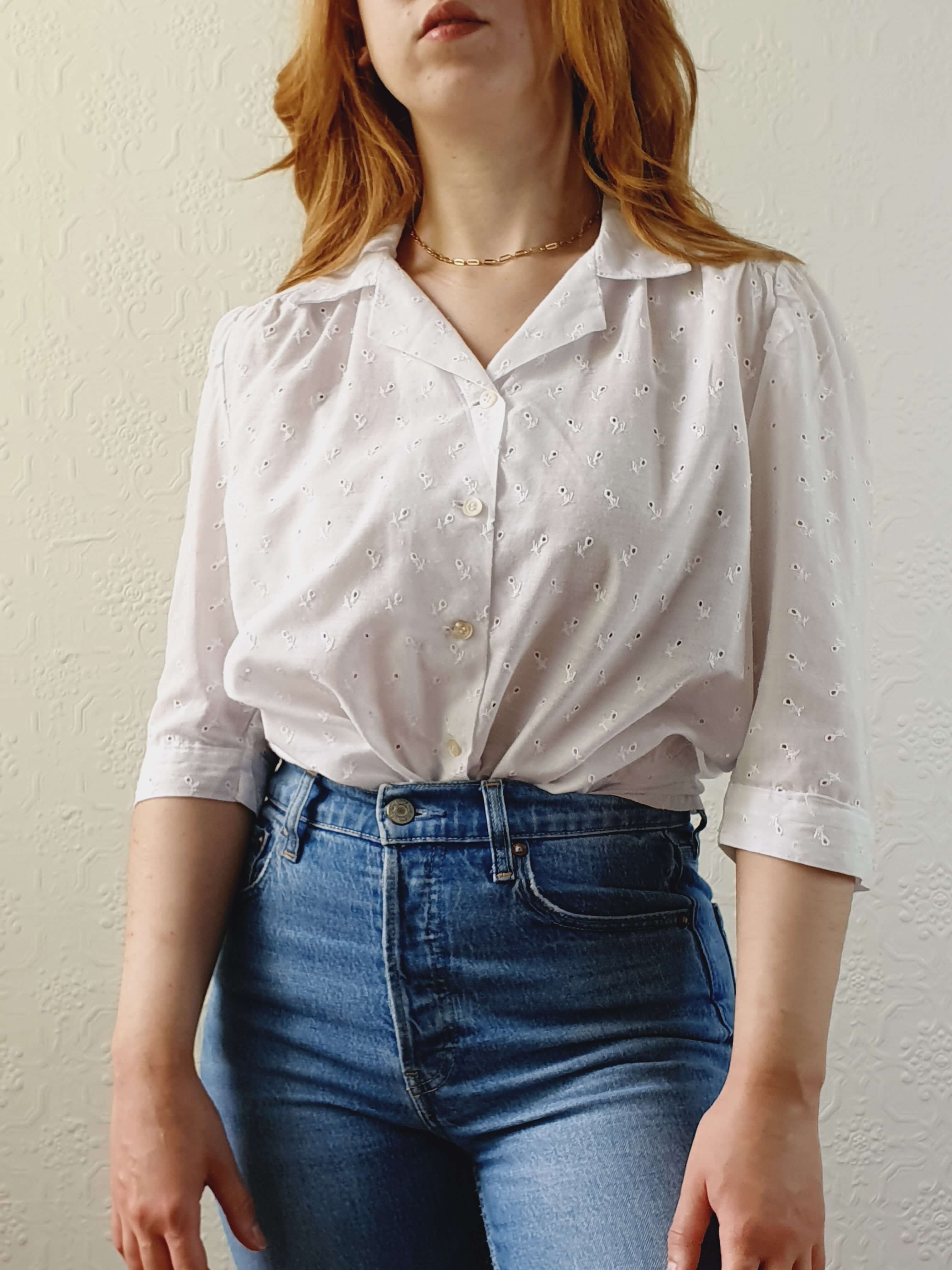 Vintage White Broderie Anglaise Half Sleeve Blouse - M - Image 2