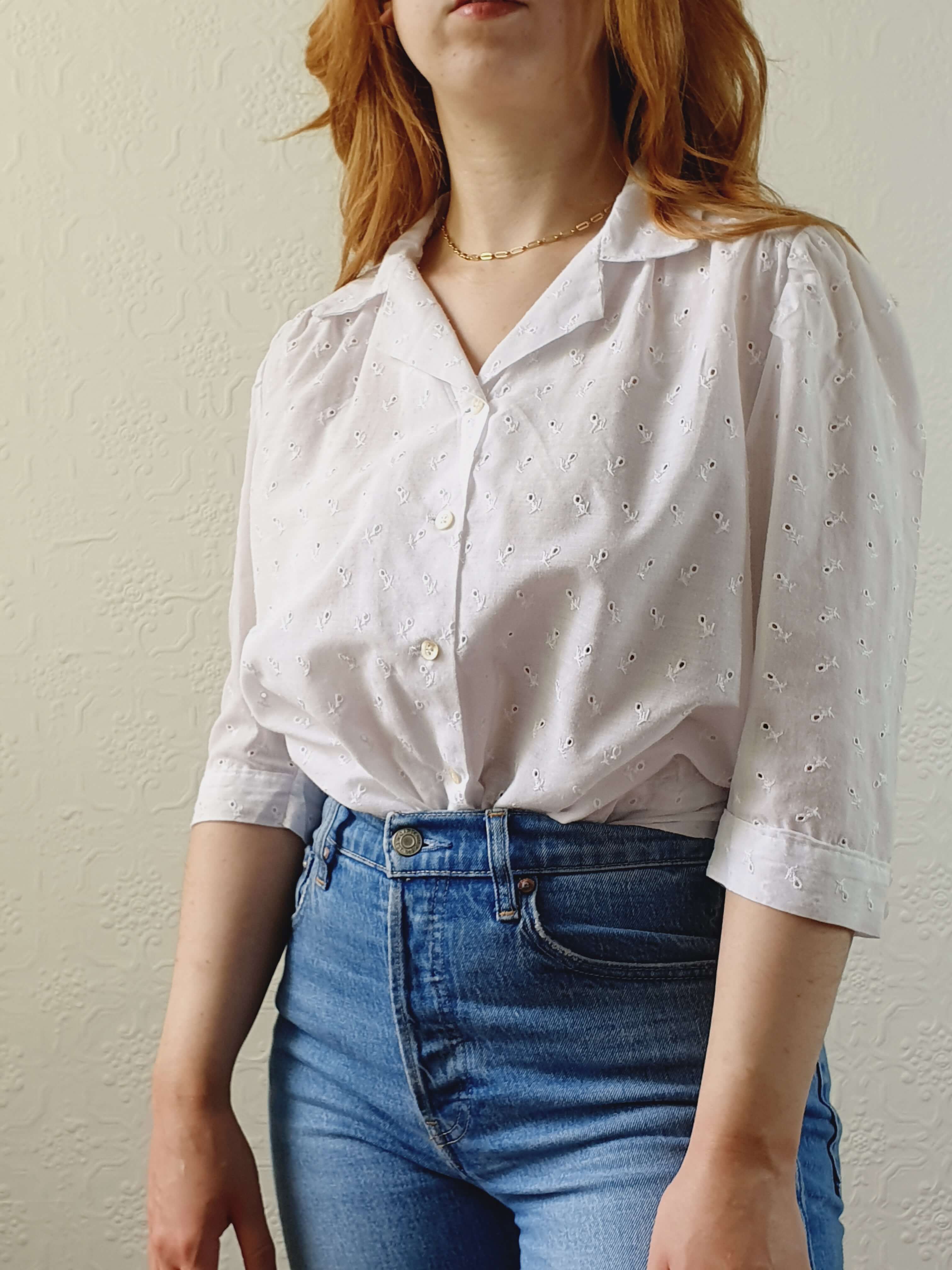 Vintage White Broderie Anglaise Half Sleeve Blouse - M - Image 3