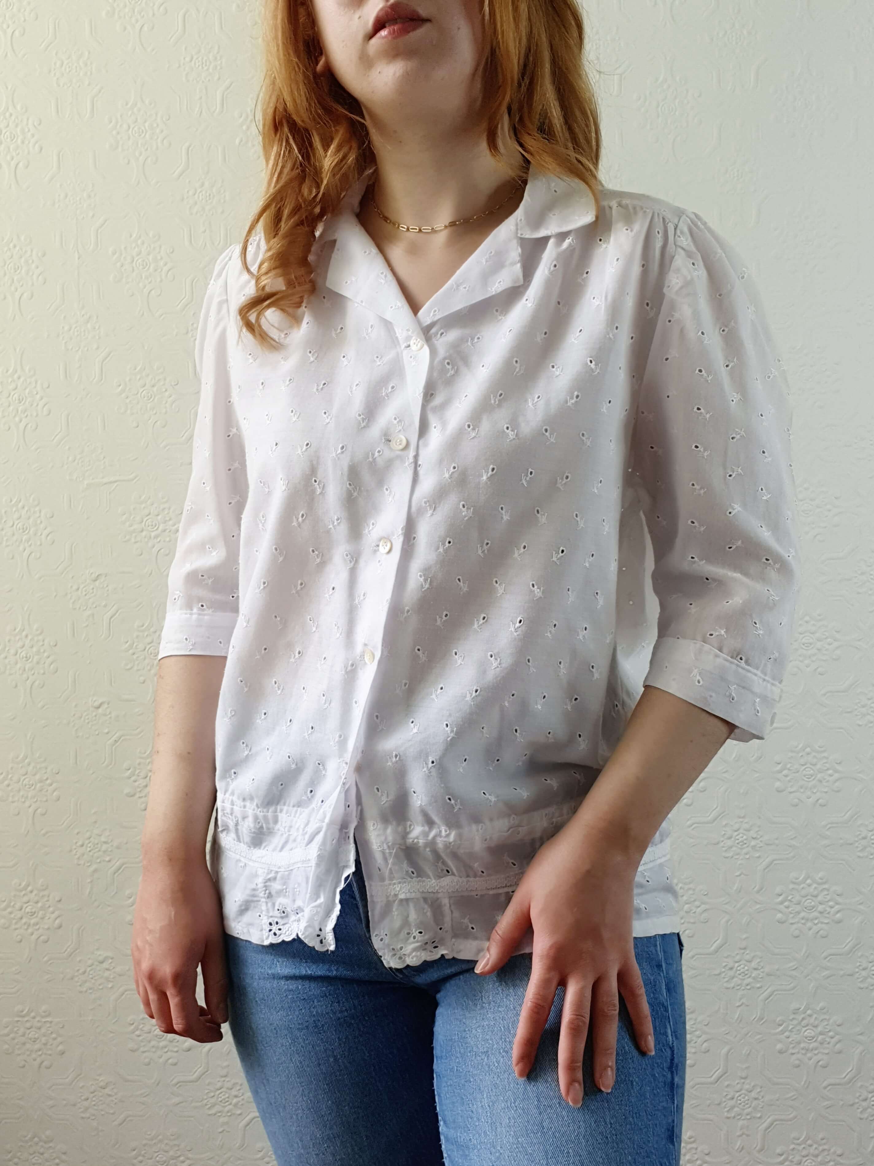 Vintage White Broderie Anglaise Half Sleeve Blouse - M - Image 4