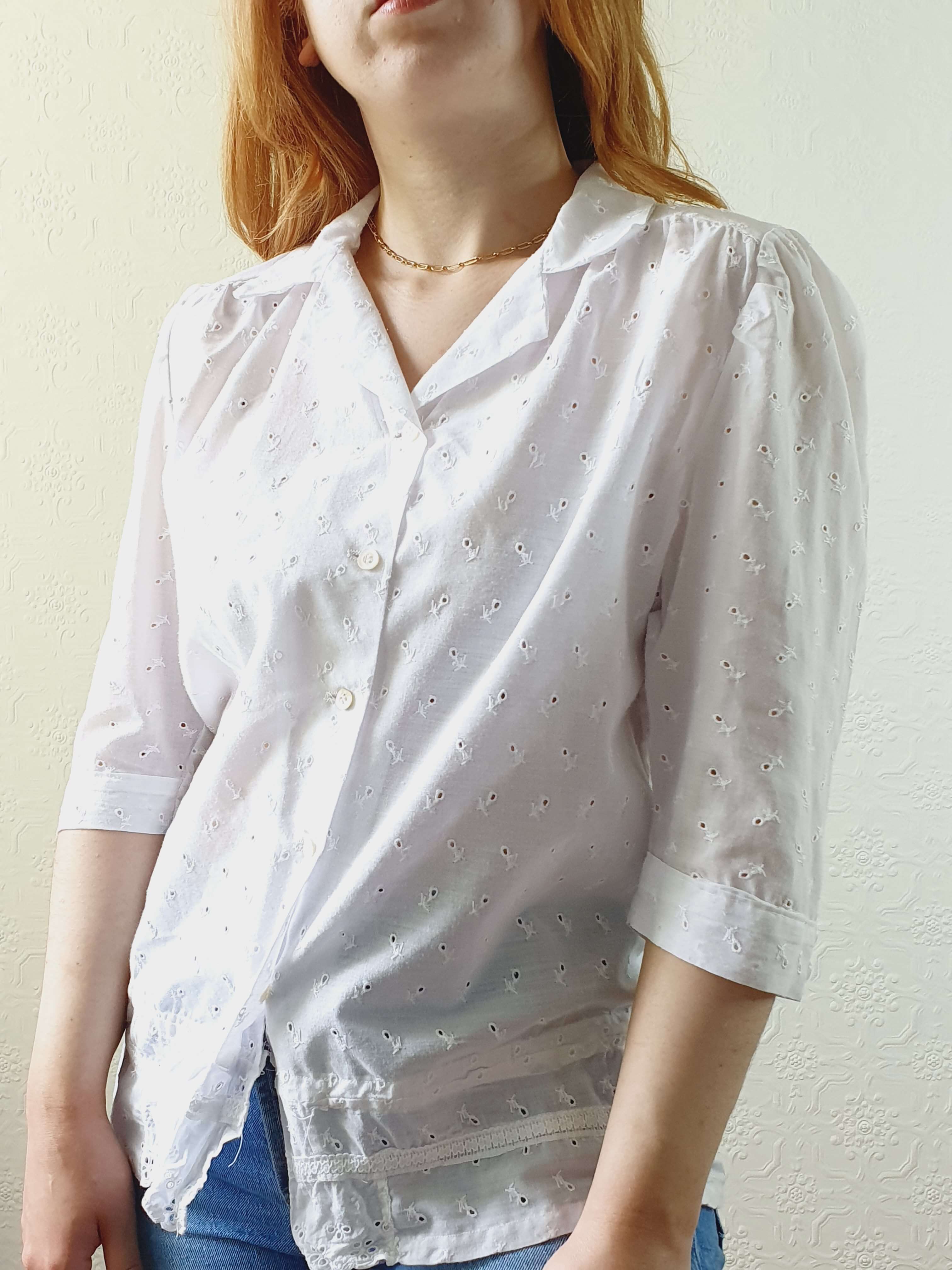 Vintage White Broderie Anglaise Half Sleeve Blouse - M - Image 5