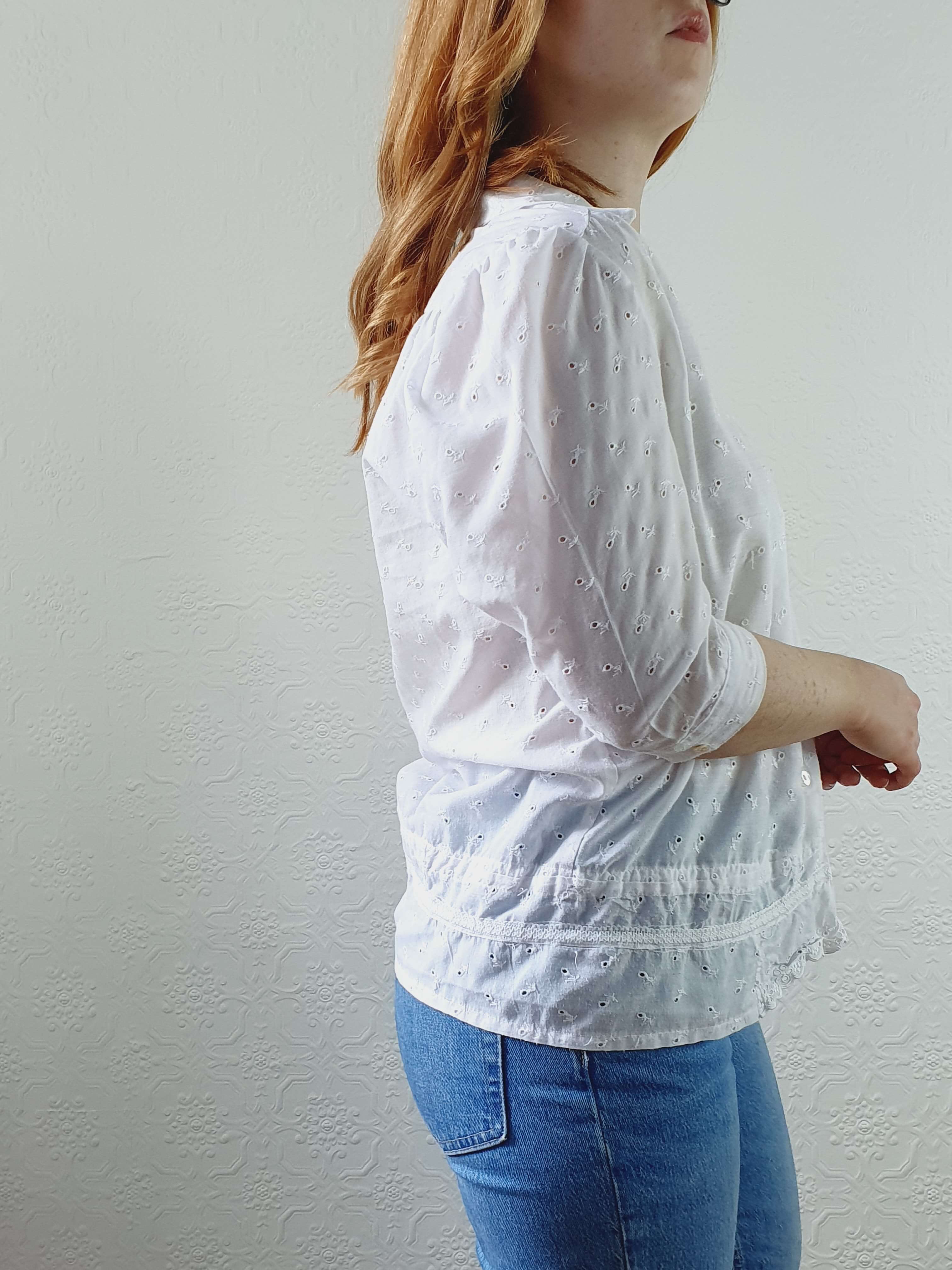 Vintage White Broderie Anglaise Half Sleeve Blouse - M - Image 6