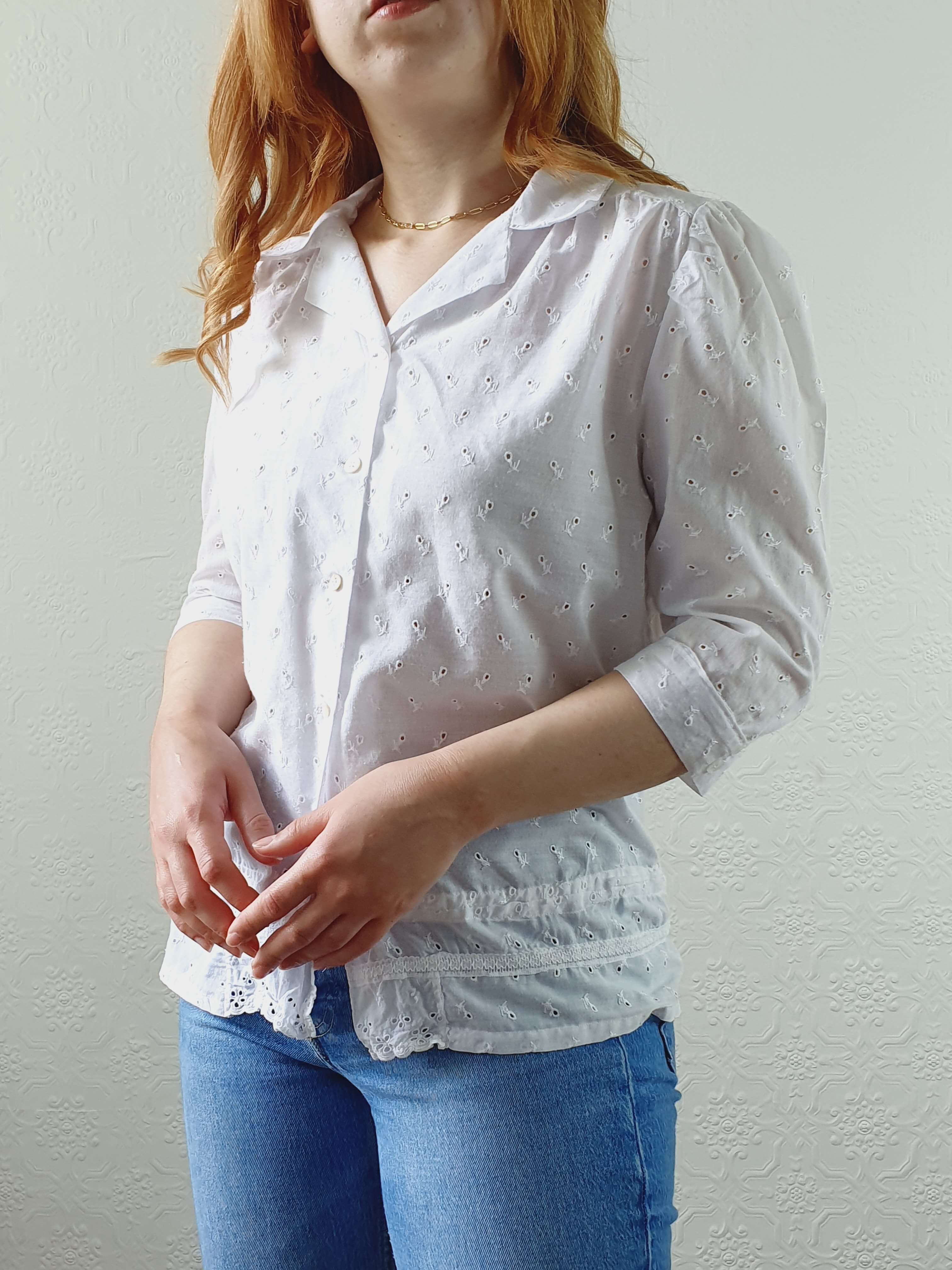 Vintage White Broderie Anglaise Half Sleeve Blouse - M - Image 9