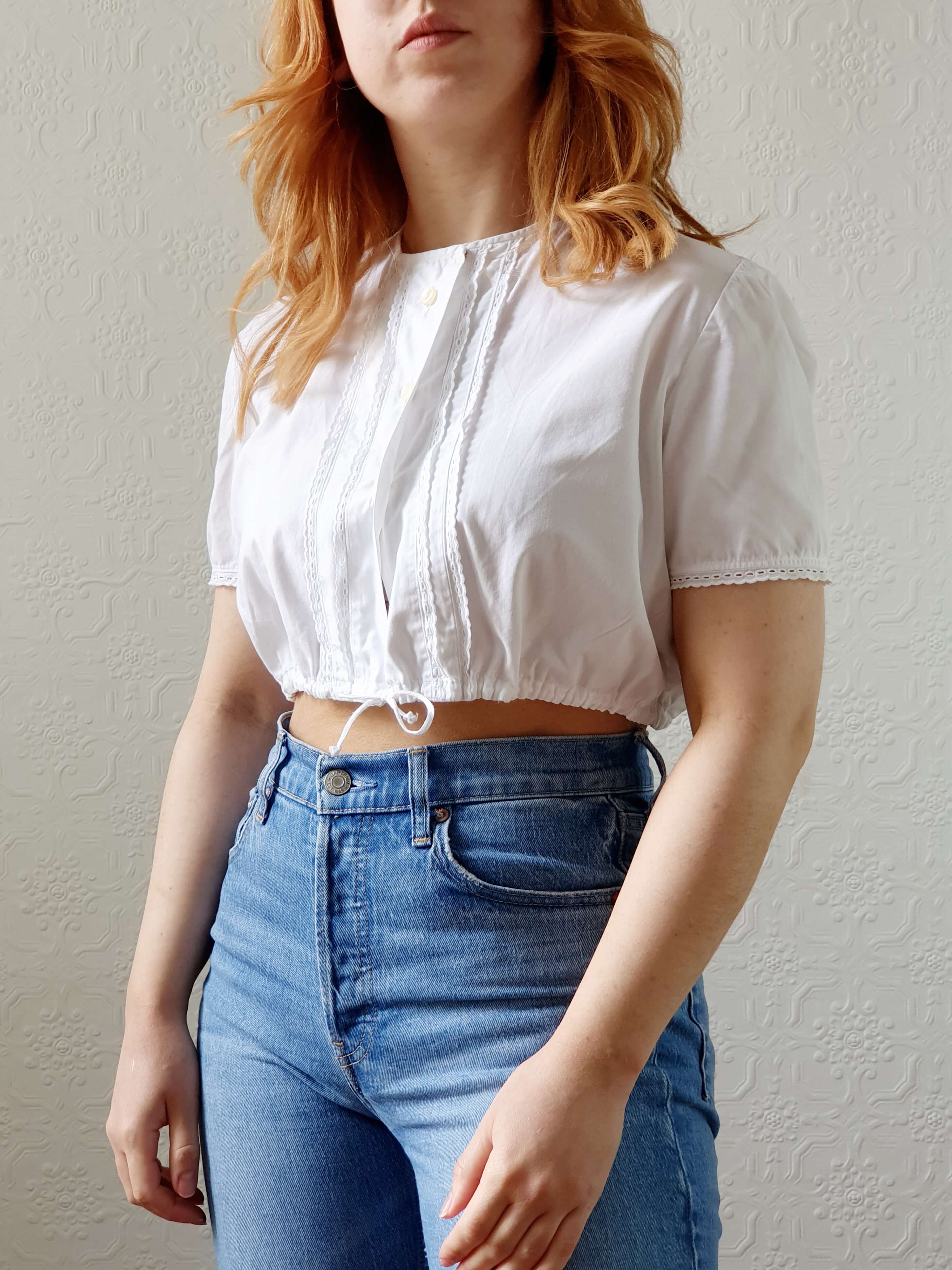 Vintage White Cotton Austrian Dirndl Cropped Top -S/M
