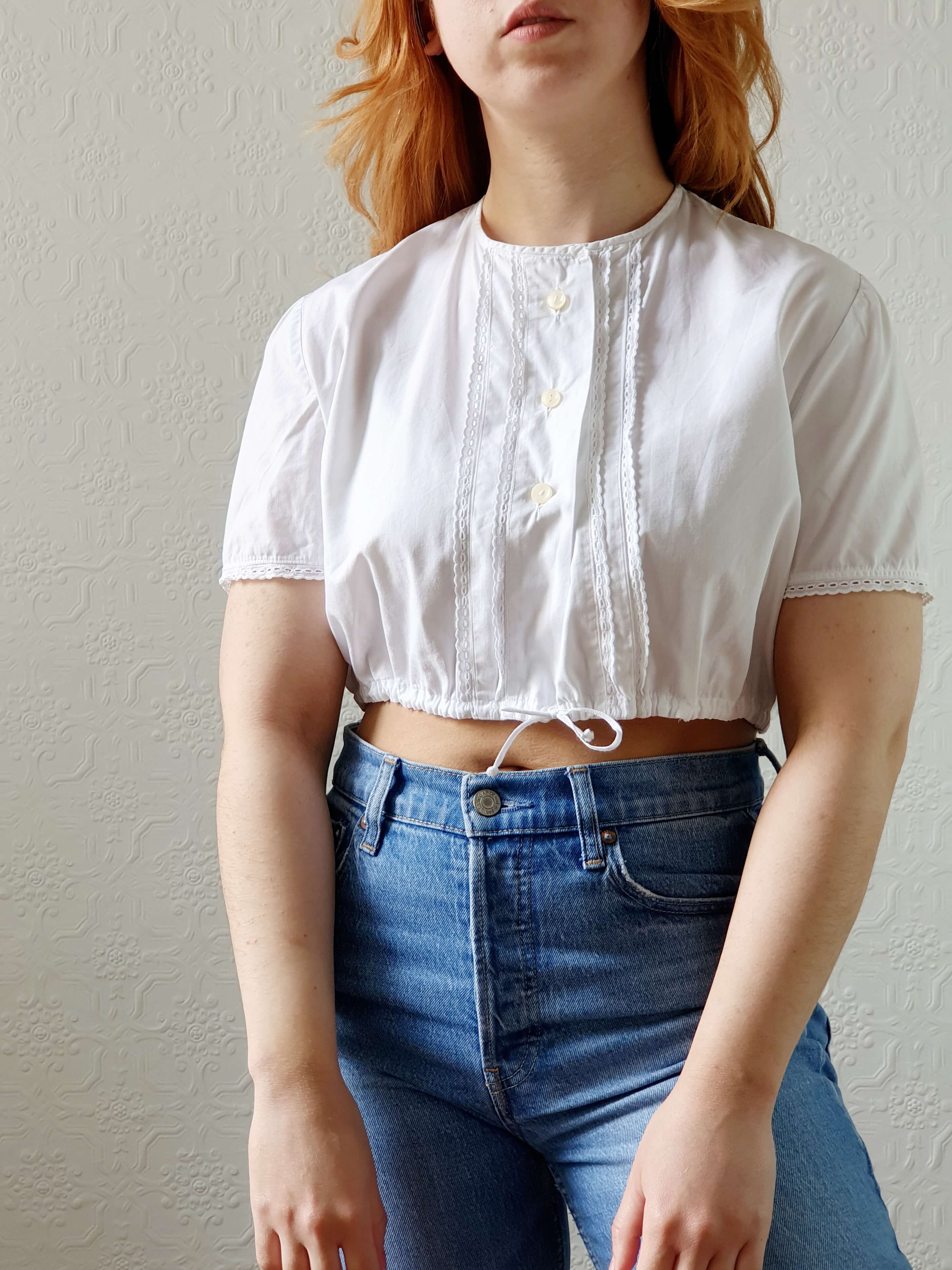 Vintage White Cotton Austrian Dirndl Cropped Top -S/M - Image 2