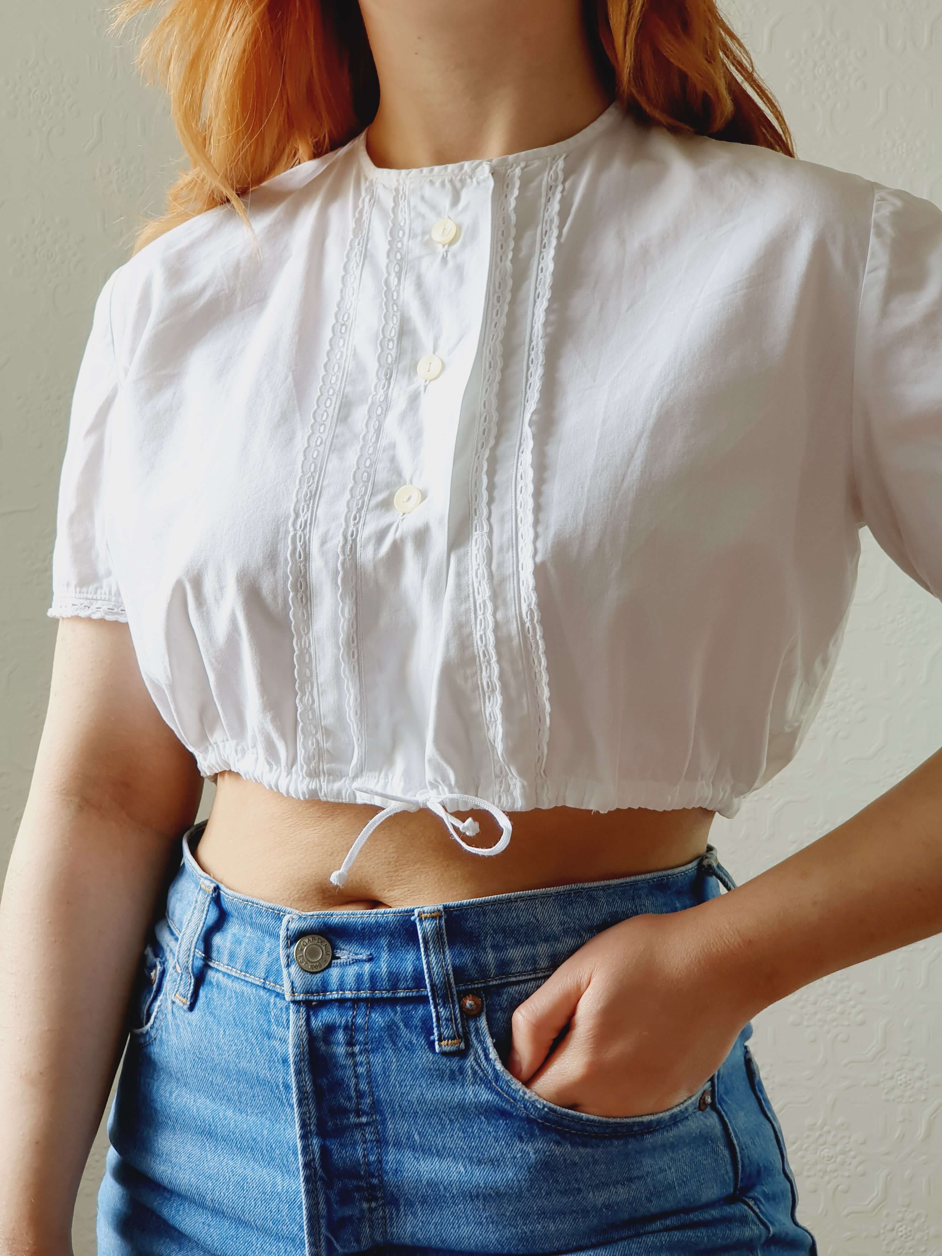 Vintage White Cotton Austrian Dirndl Cropped Top -S/M - Image 7