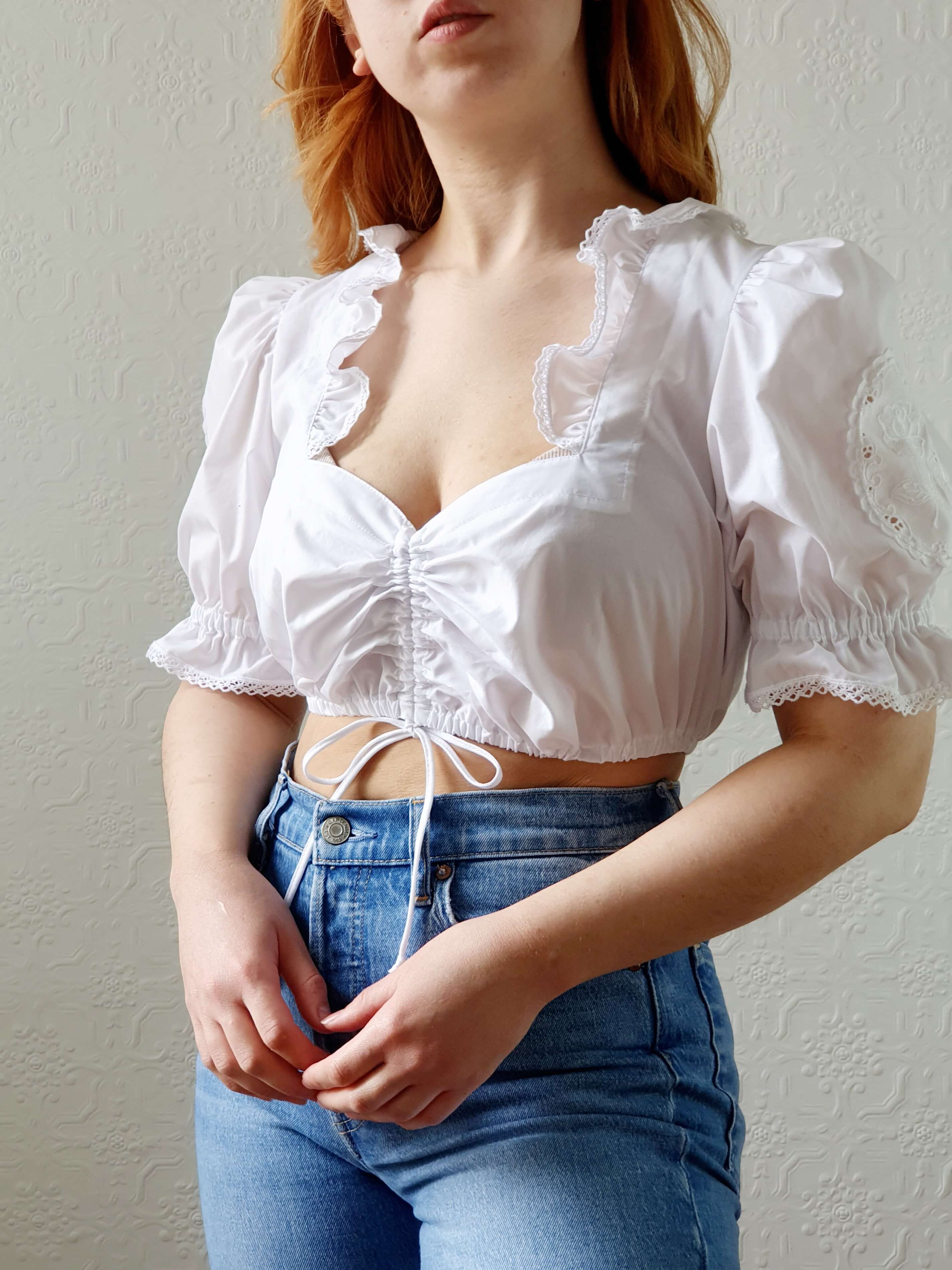 Vintage White Cotton Austrian Dirndl Cropped Top with Puff Sleeves - M
