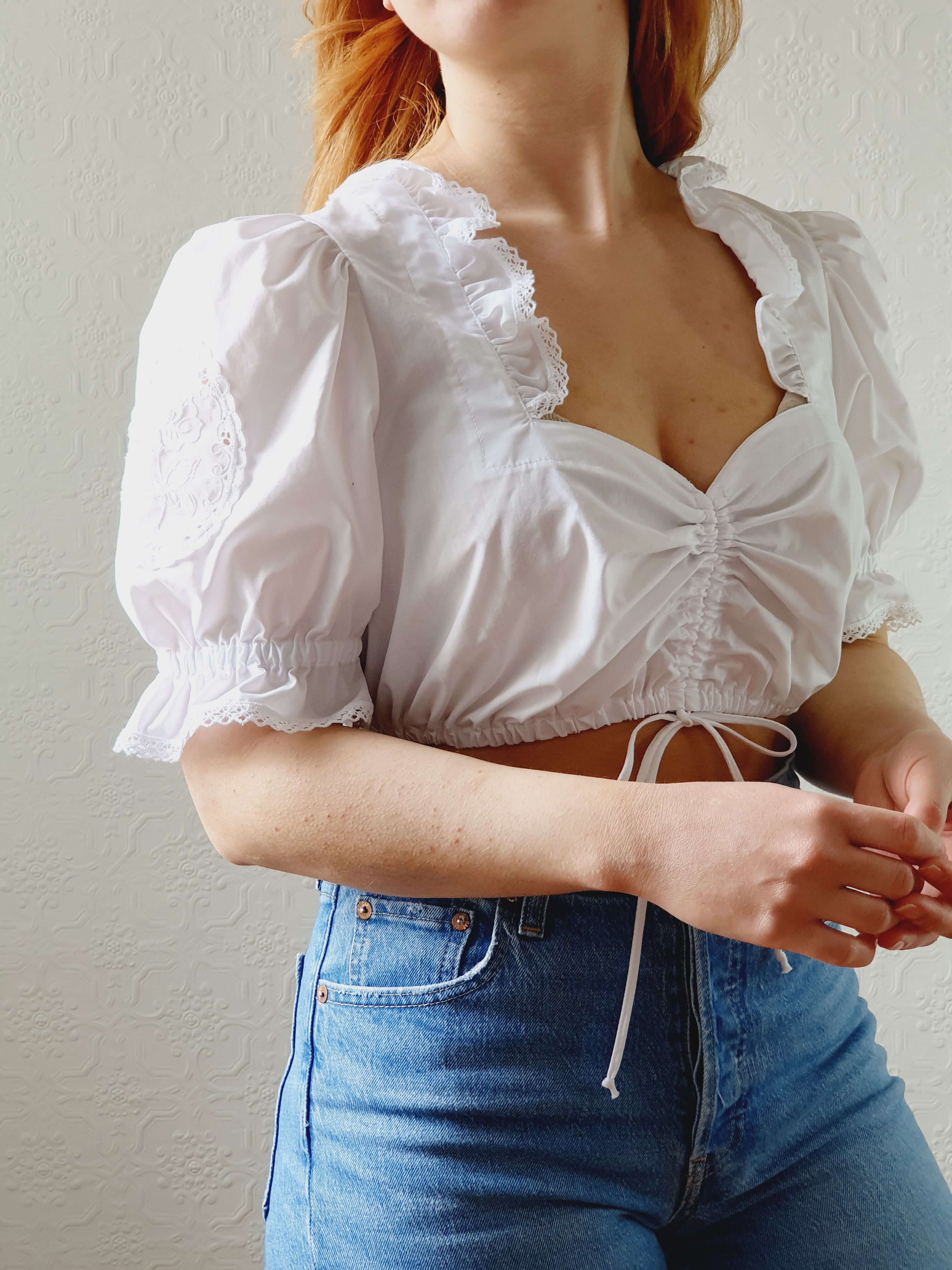 Vintage White Cotton Austrian Dirndl Cropped Top with Puff Sleeves - M - Image 2