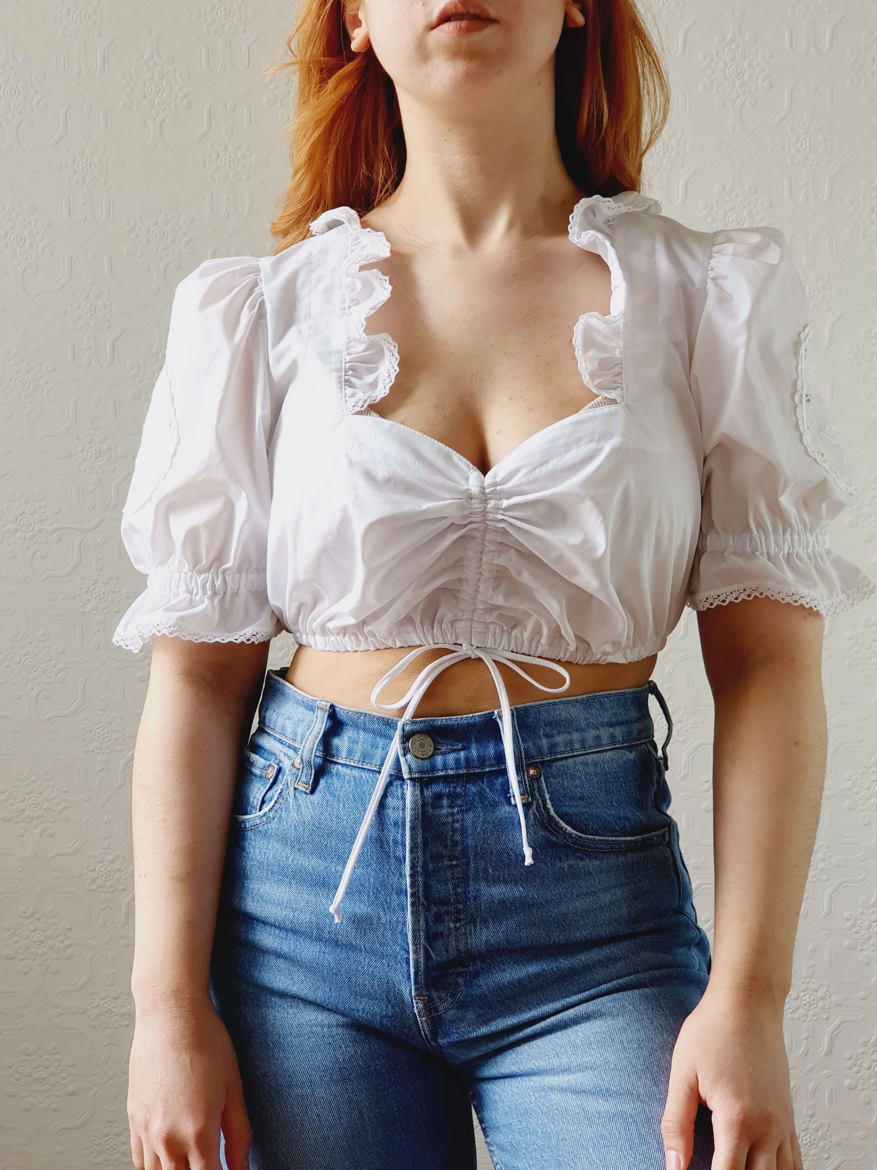 Vintage White Cotton Austrian Dirndl Cropped Top with Puff Sleeves - M - Image 3