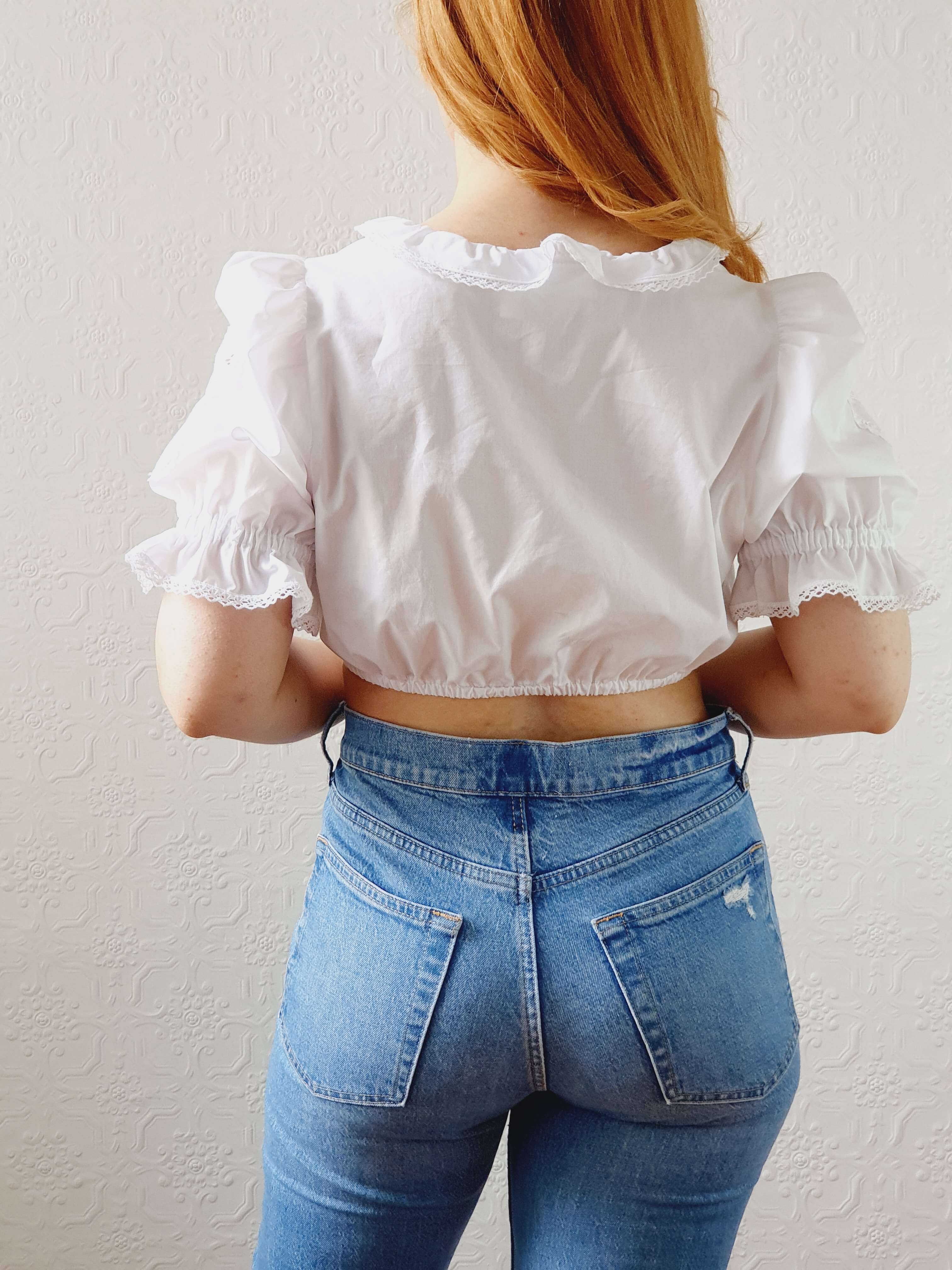 Vintage White Cotton Austrian Dirndl Cropped Top with Puff Sleeves - M - Image 4
