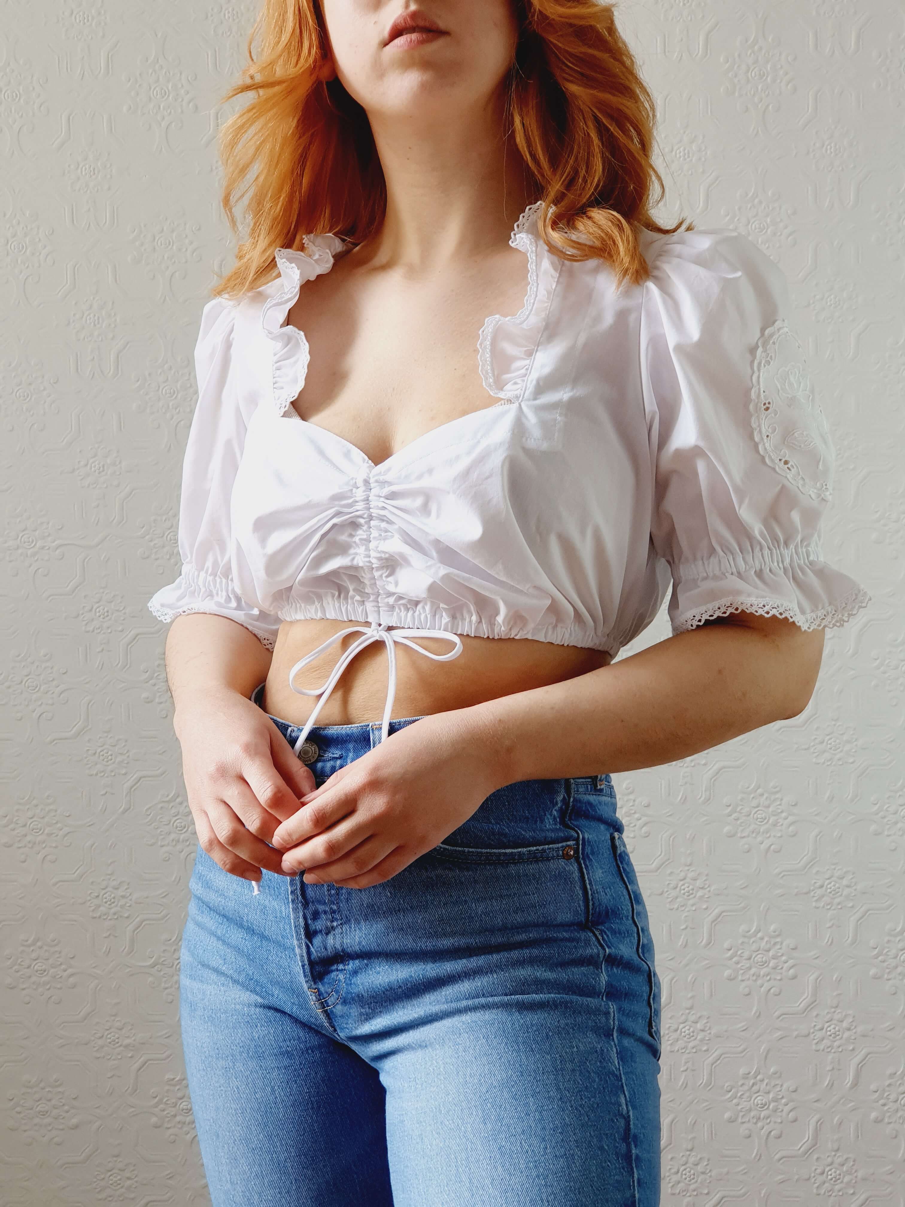 Vintage White Cotton Austrian Dirndl Cropped Top with Puff Sleeves - M - Image 6
