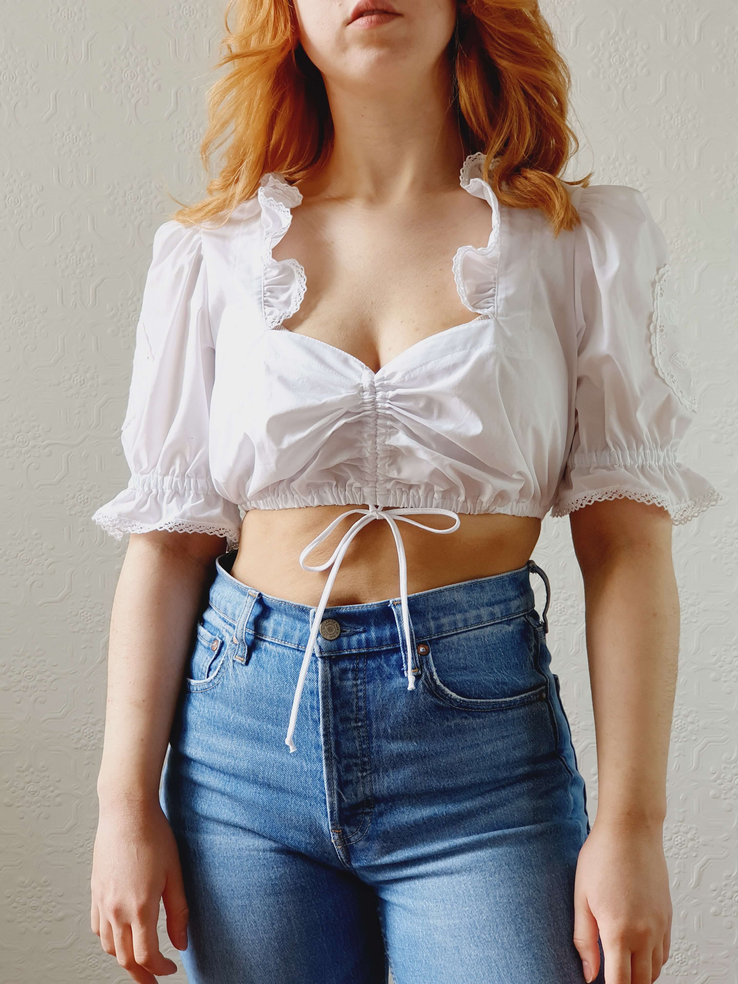 Vintage White Cotton Austrian Dirndl Cropped Top with Puff Sleeves - M - Image 7