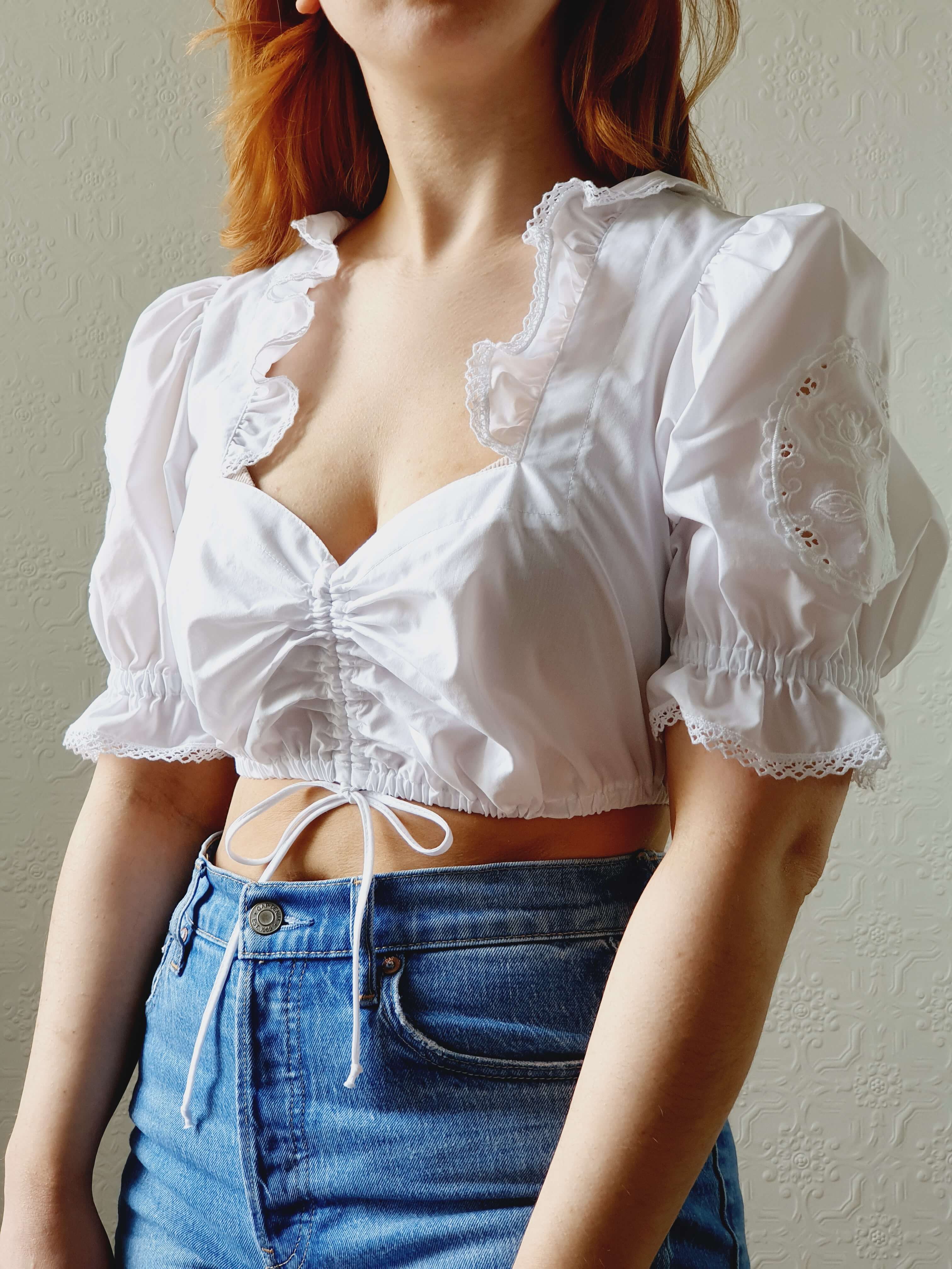 Vintage White Cotton Austrian Dirndl Cropped Top with Puff Sleeves - M - Image 8