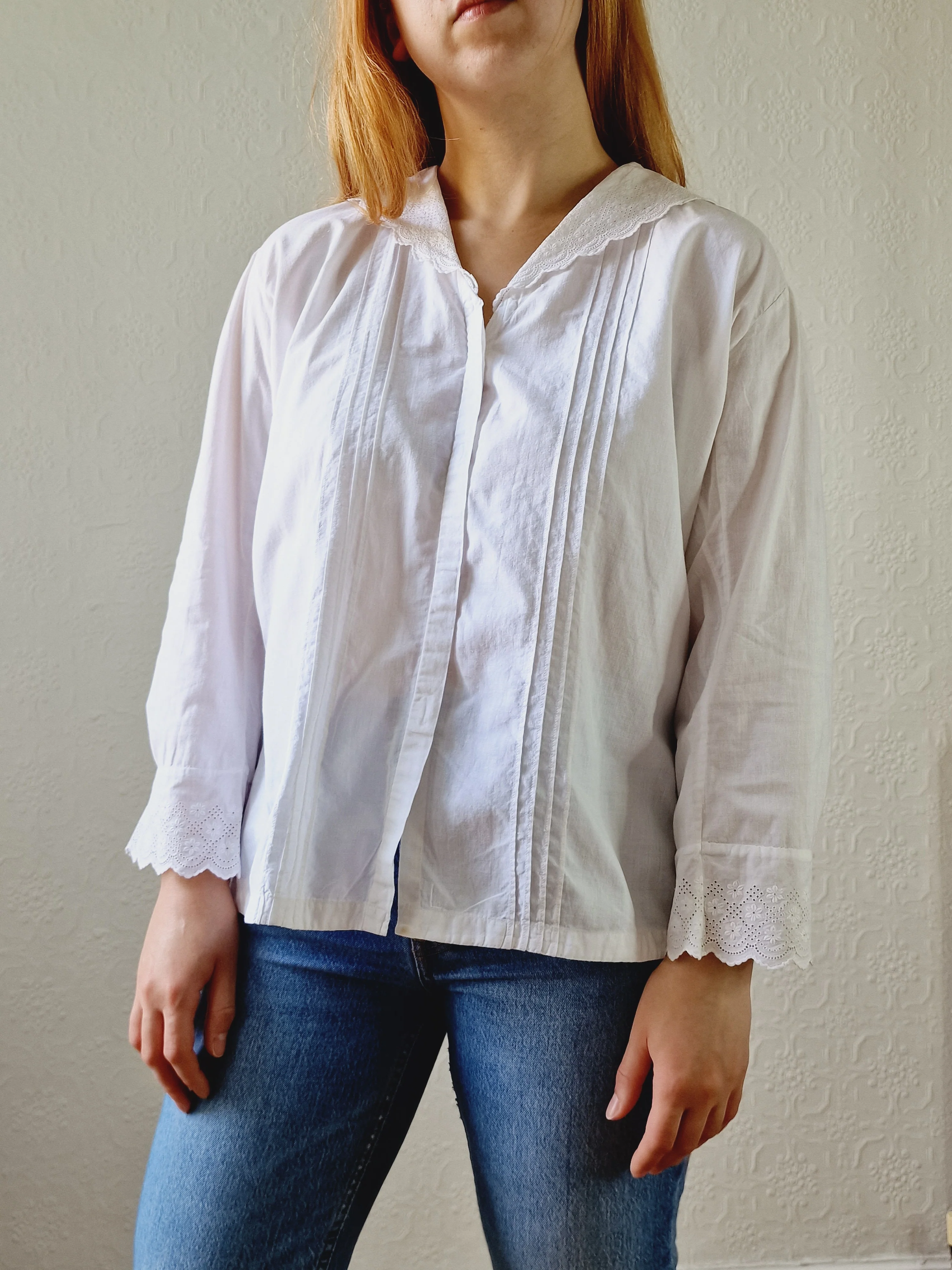 Vintage White Cotton Broderie Anglaise 7/8 Sleeve Blouse - M/L - Image 10