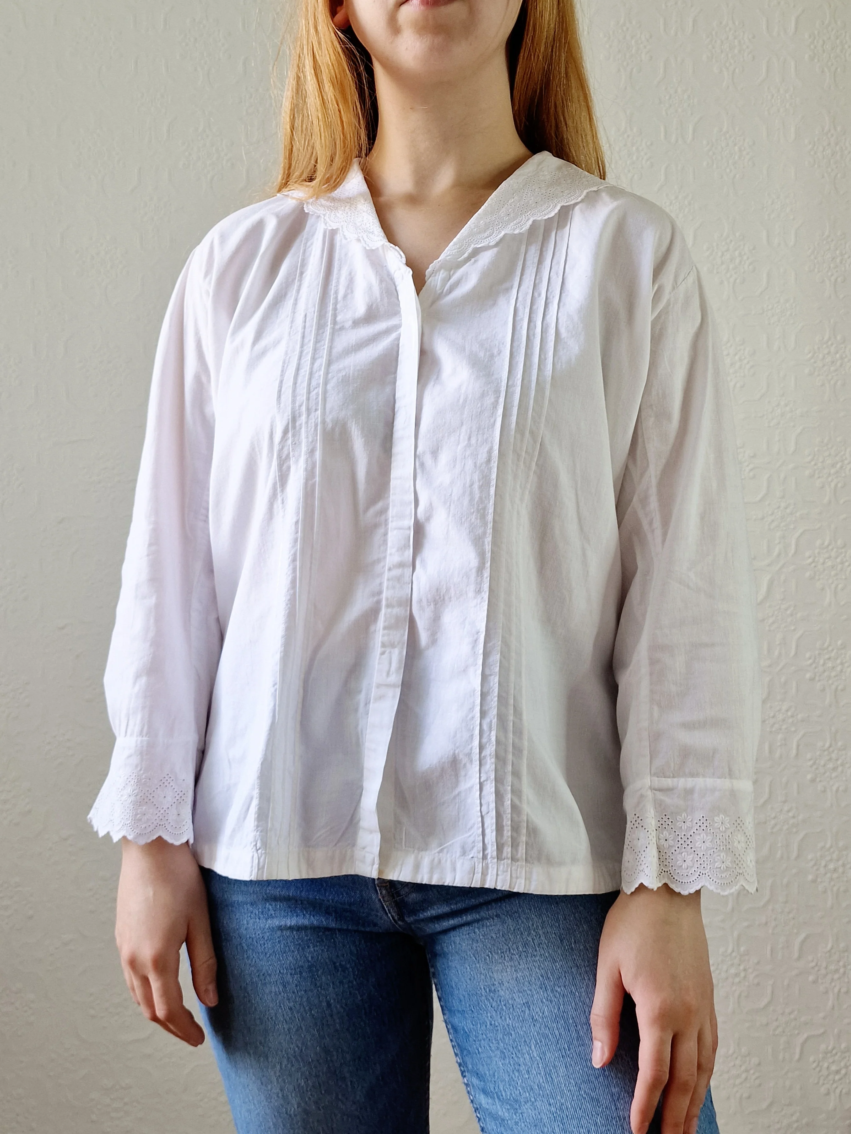 Vintage White Cotton Broderie Anglaise 7/8 Sleeve Blouse - M/L - Image 12