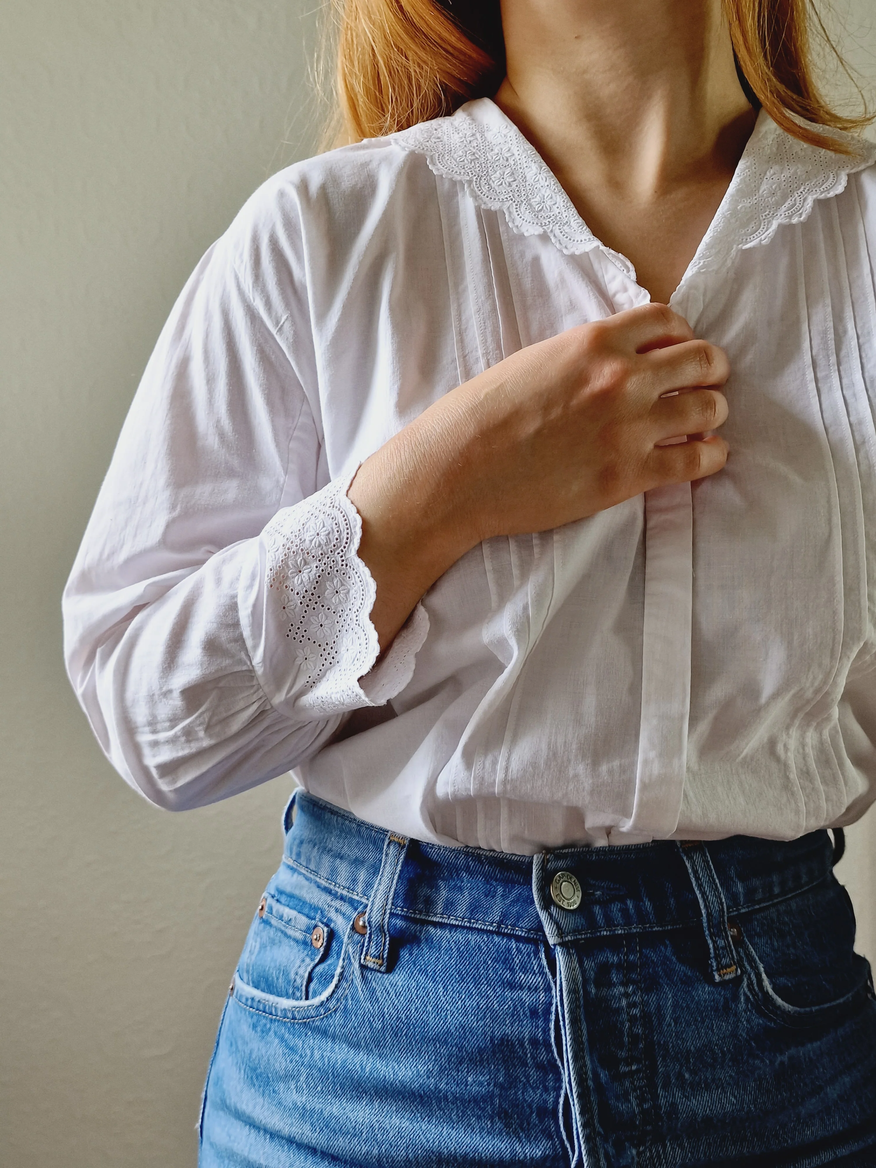 Vintage White Cotton Broderie Anglaise 7/8 Sleeve Blouse - M/L - Image 2