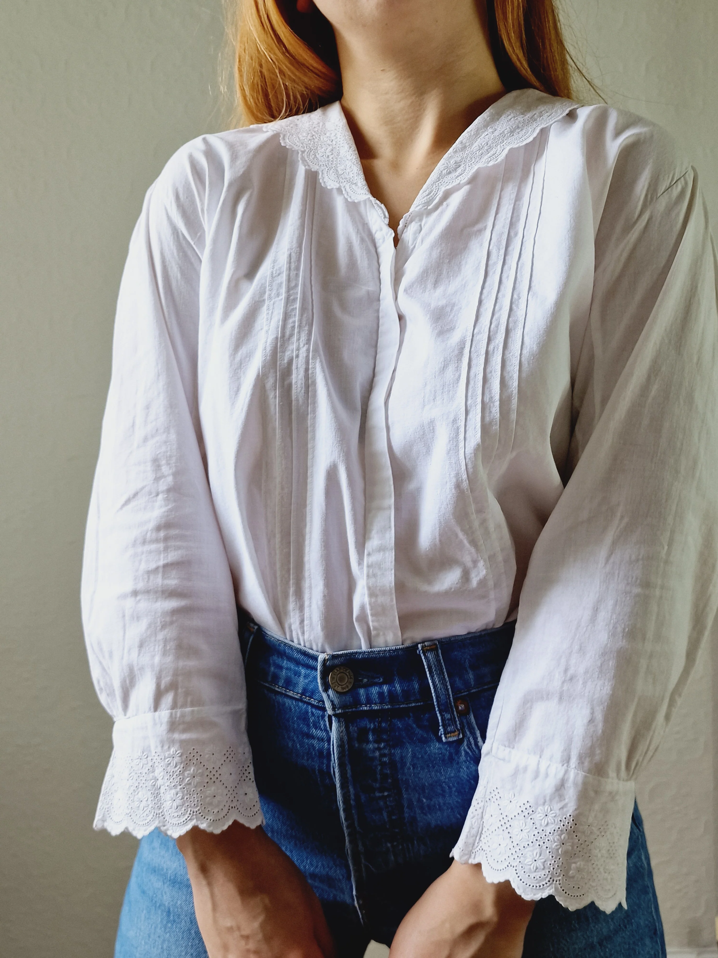 Vintage White Cotton Broderie Anglaise 7/8 Sleeve Blouse - M/L - Image 3