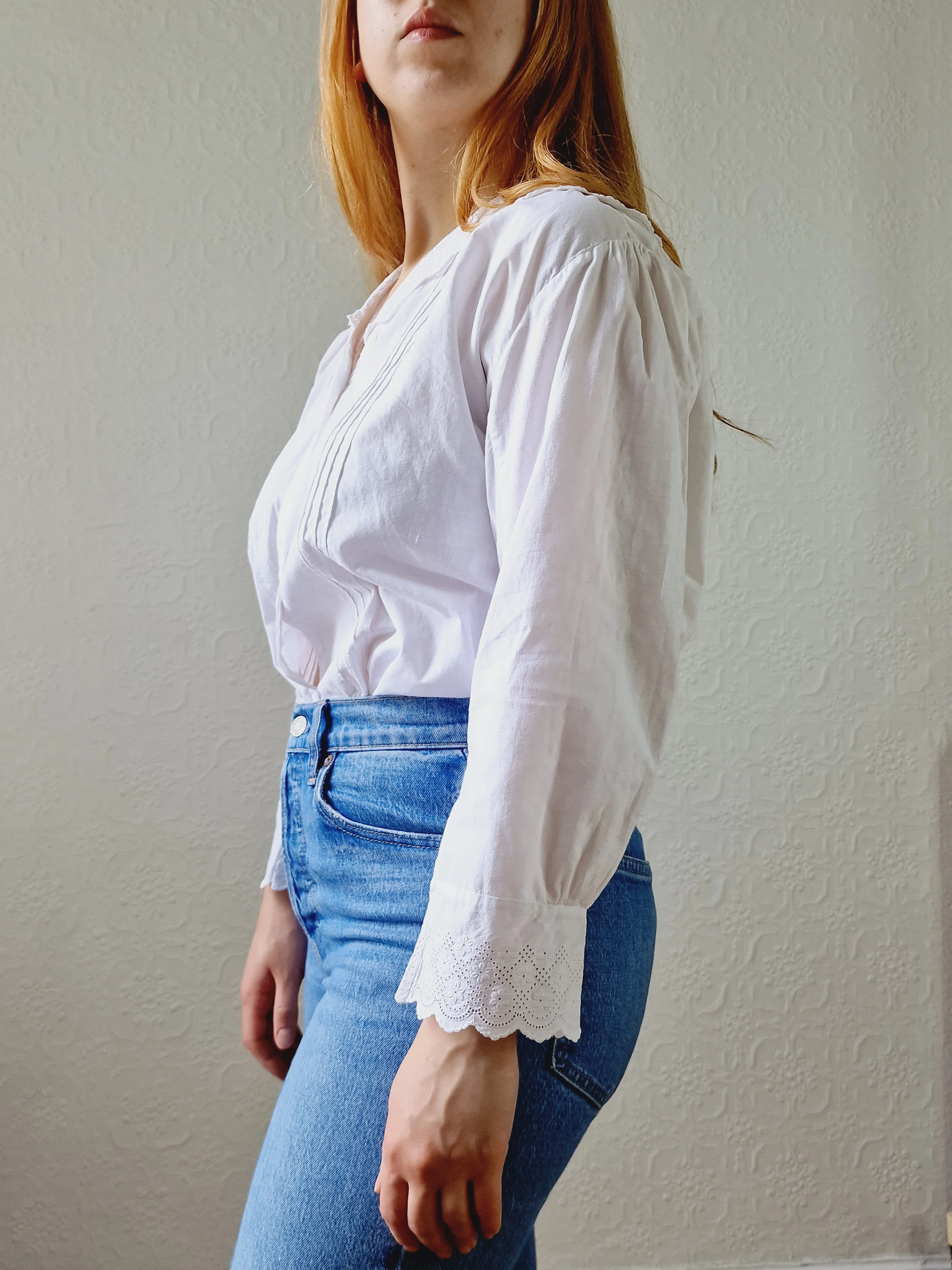 Vintage White Cotton Broderie Anglaise 7/8 Sleeve Blouse - M/L - Image 4