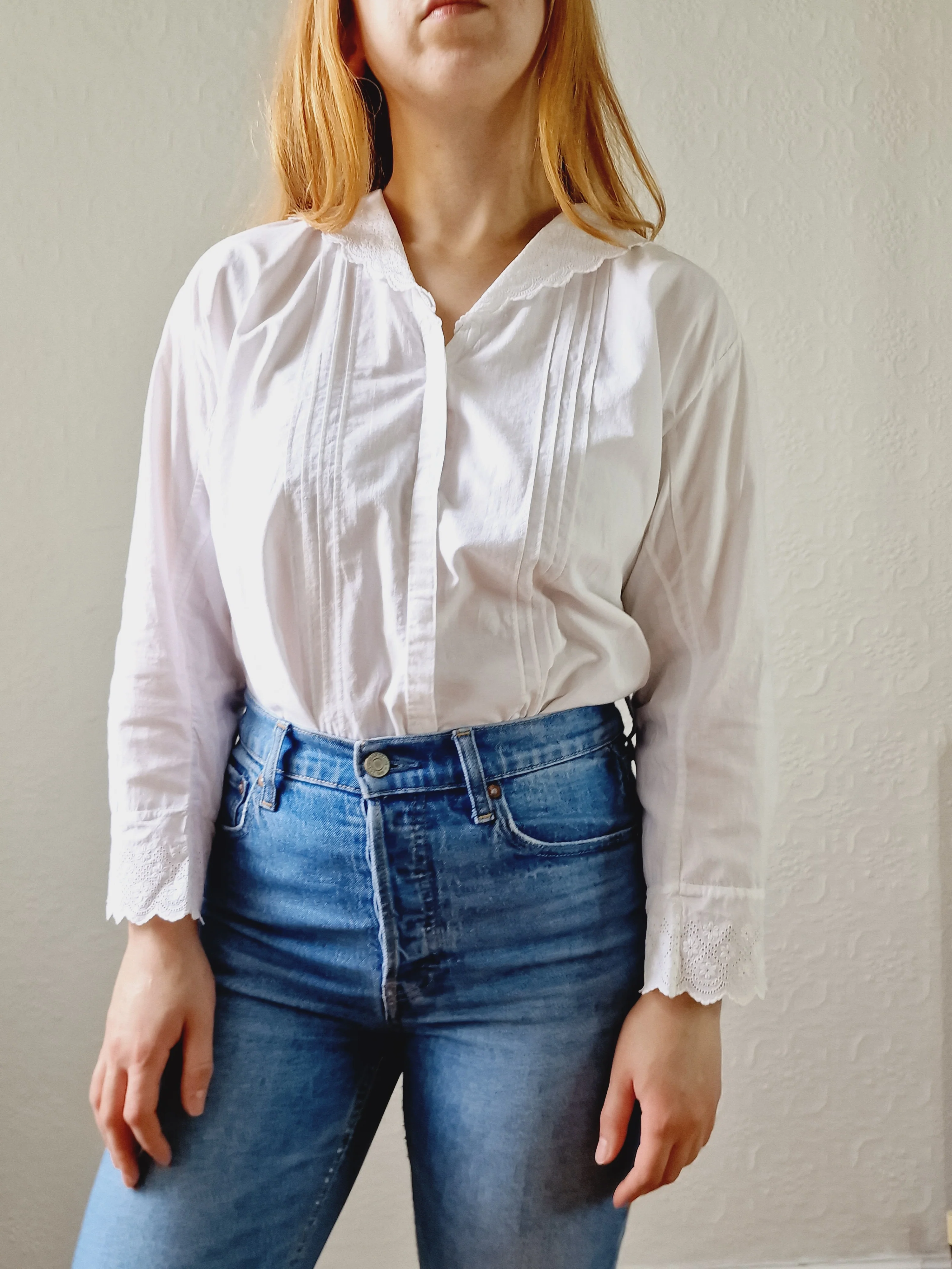 Vintage White Cotton Broderie Anglaise 7/8 Sleeve Blouse - M/L - Image 5