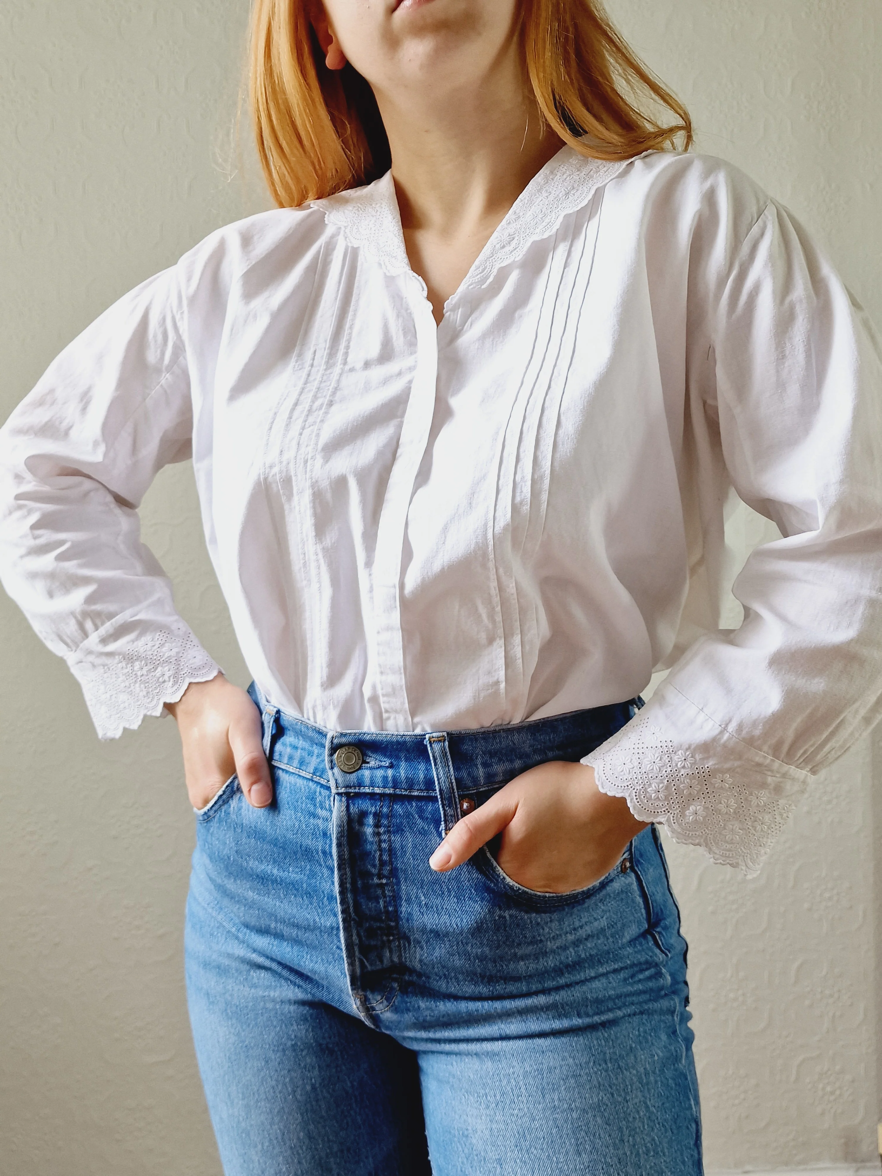 Vintage White Cotton Broderie Anglaise 7/8 Sleeve Blouse - M/L - Image 6