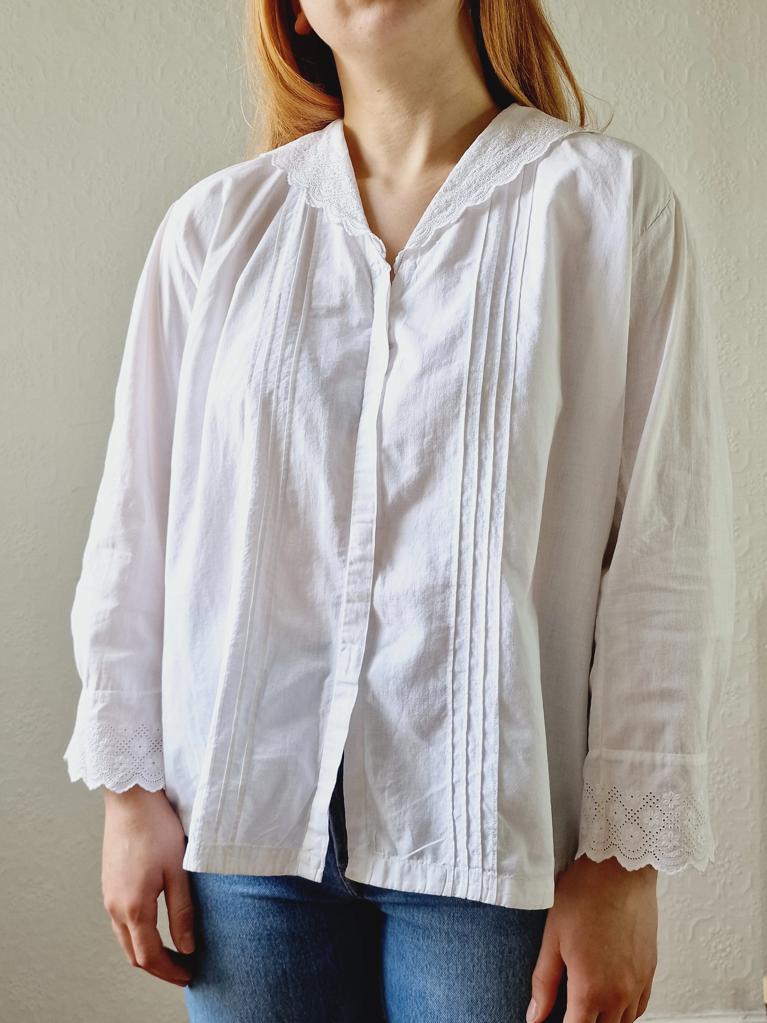 Vintage White Cotton Broderie Anglaise 7/8 Sleeve Blouse - M/L - Image 7