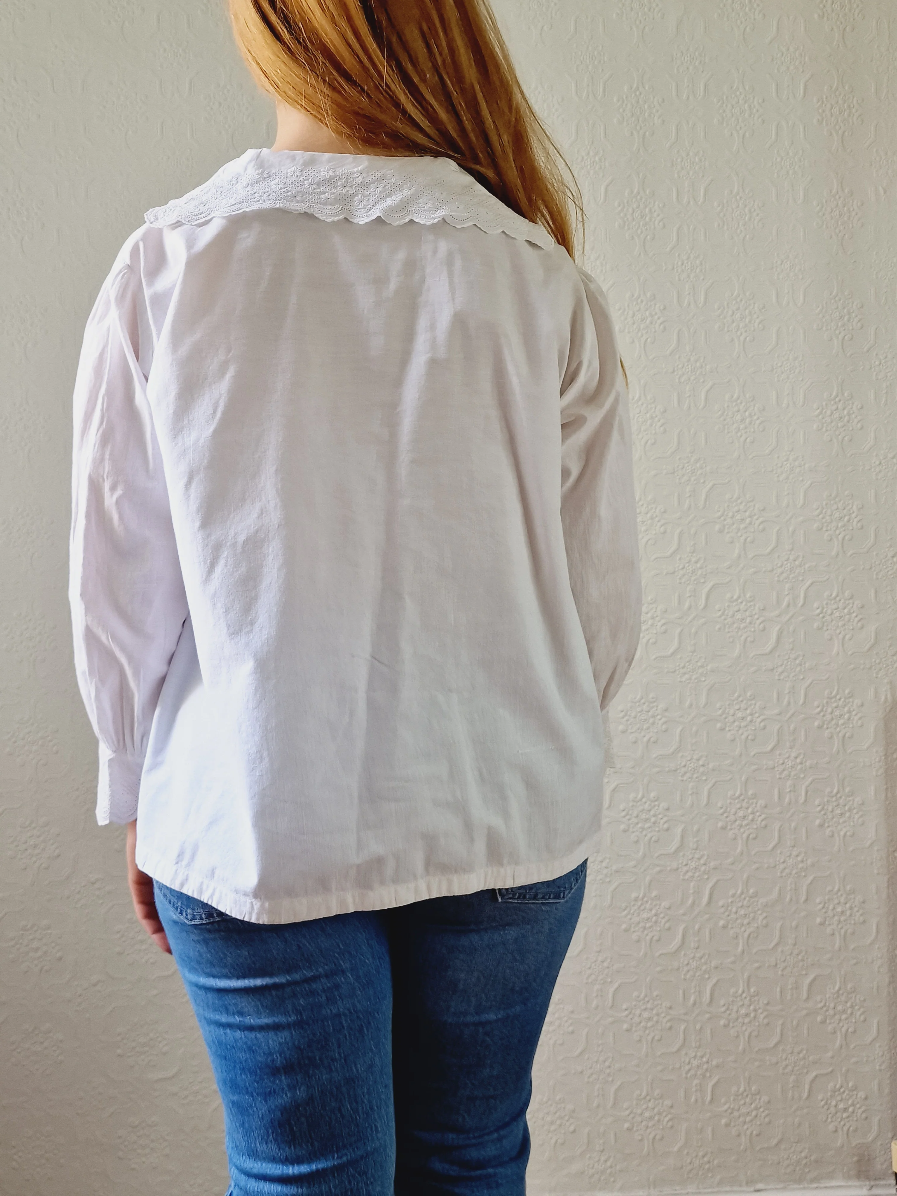 Vintage White Cotton Broderie Anglaise 7/8 Sleeve Blouse - M/L - Image 8