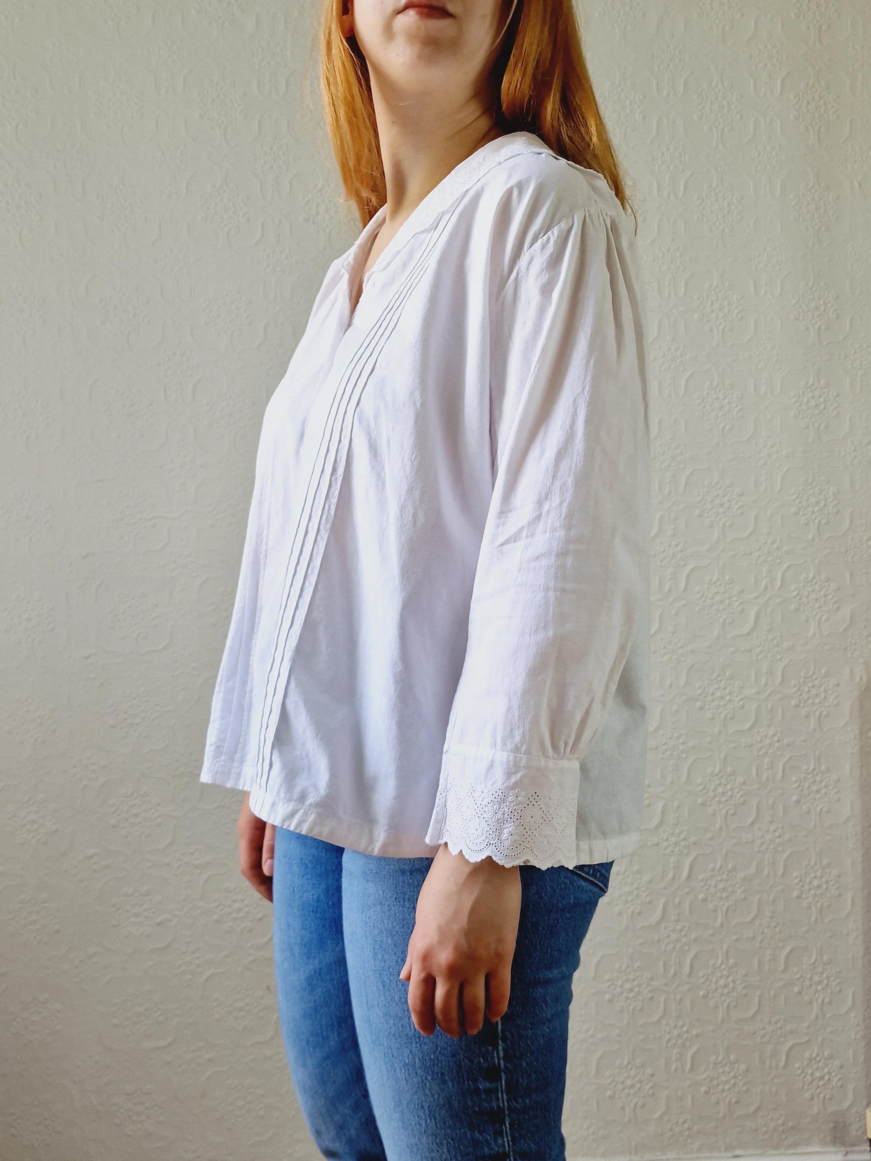 Vintage White Cotton Broderie Anglaise 7/8 Sleeve Blouse - M/L - Image 9