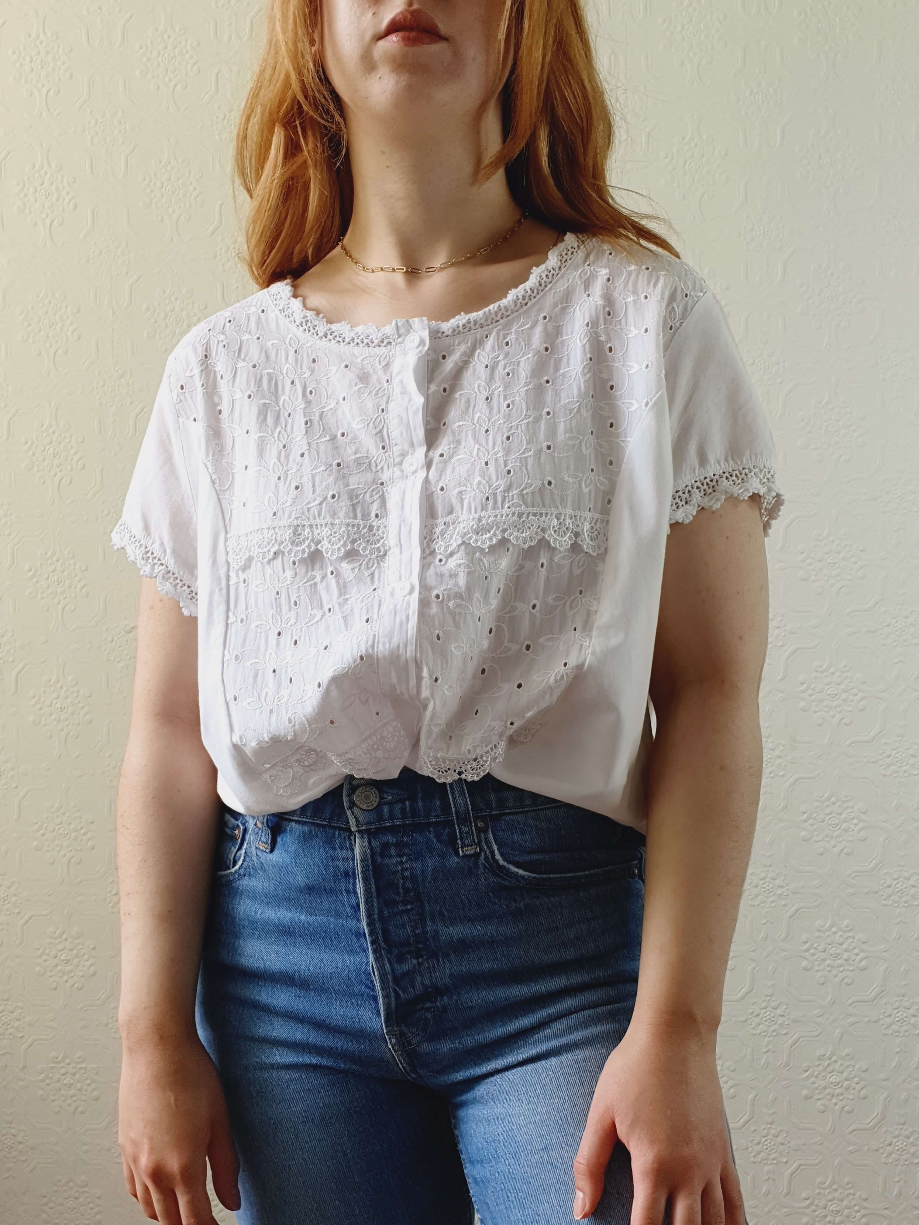 Vintage White Cotton Broderie Anglaise Short Sleeve Blouse - M