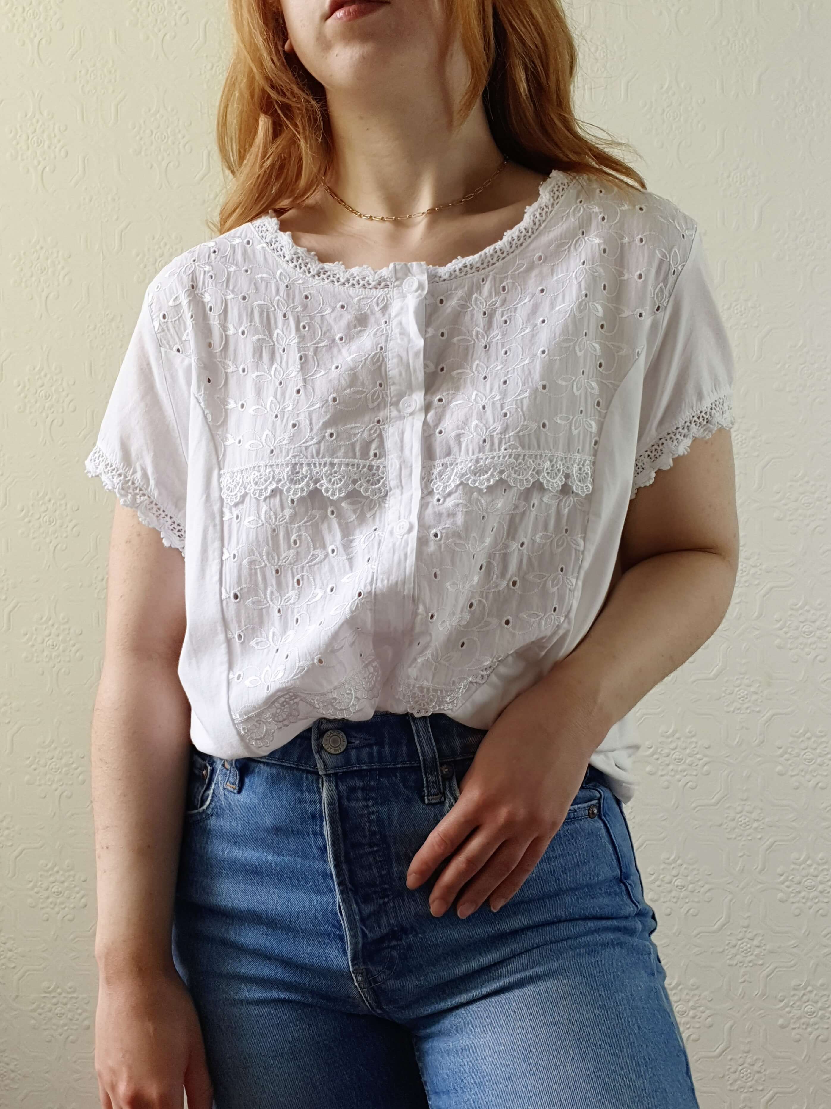Vintage White Cotton Broderie Anglaise Short Sleeve Blouse - M - Image 10