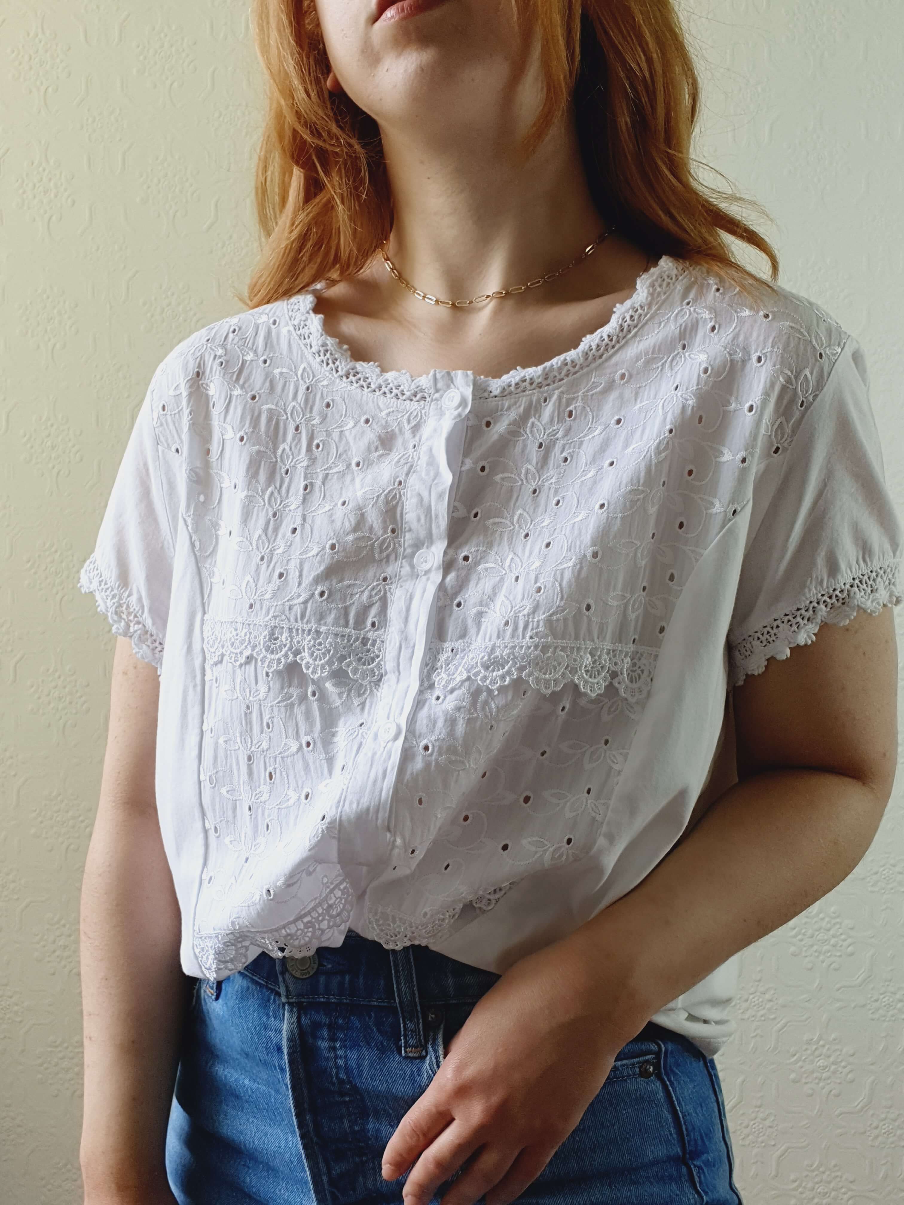 Vintage White Cotton Broderie Anglaise Short Sleeve Blouse - M - Image 2