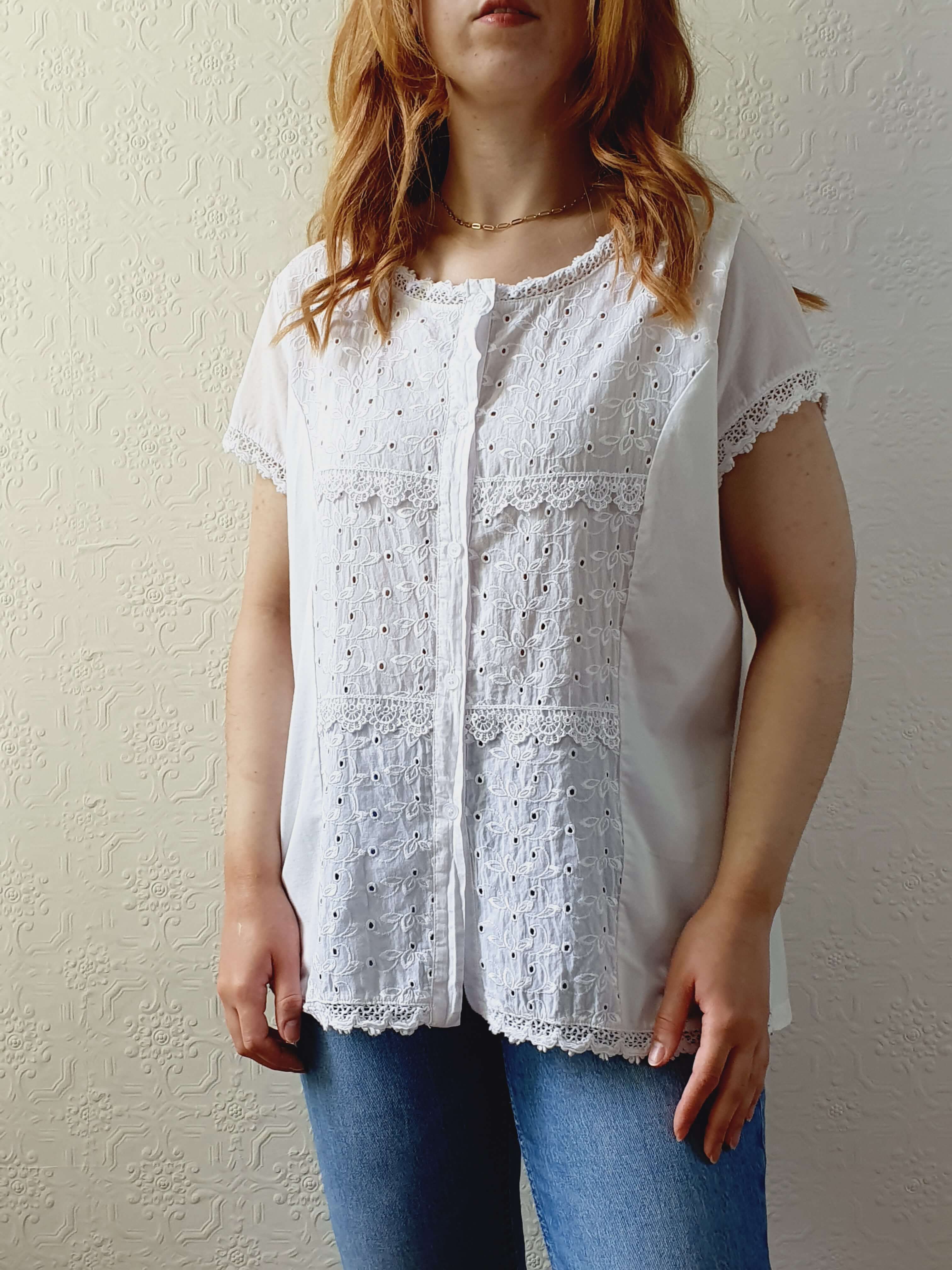 Vintage White Cotton Broderie Anglaise Short Sleeve Blouse - M - Image 4