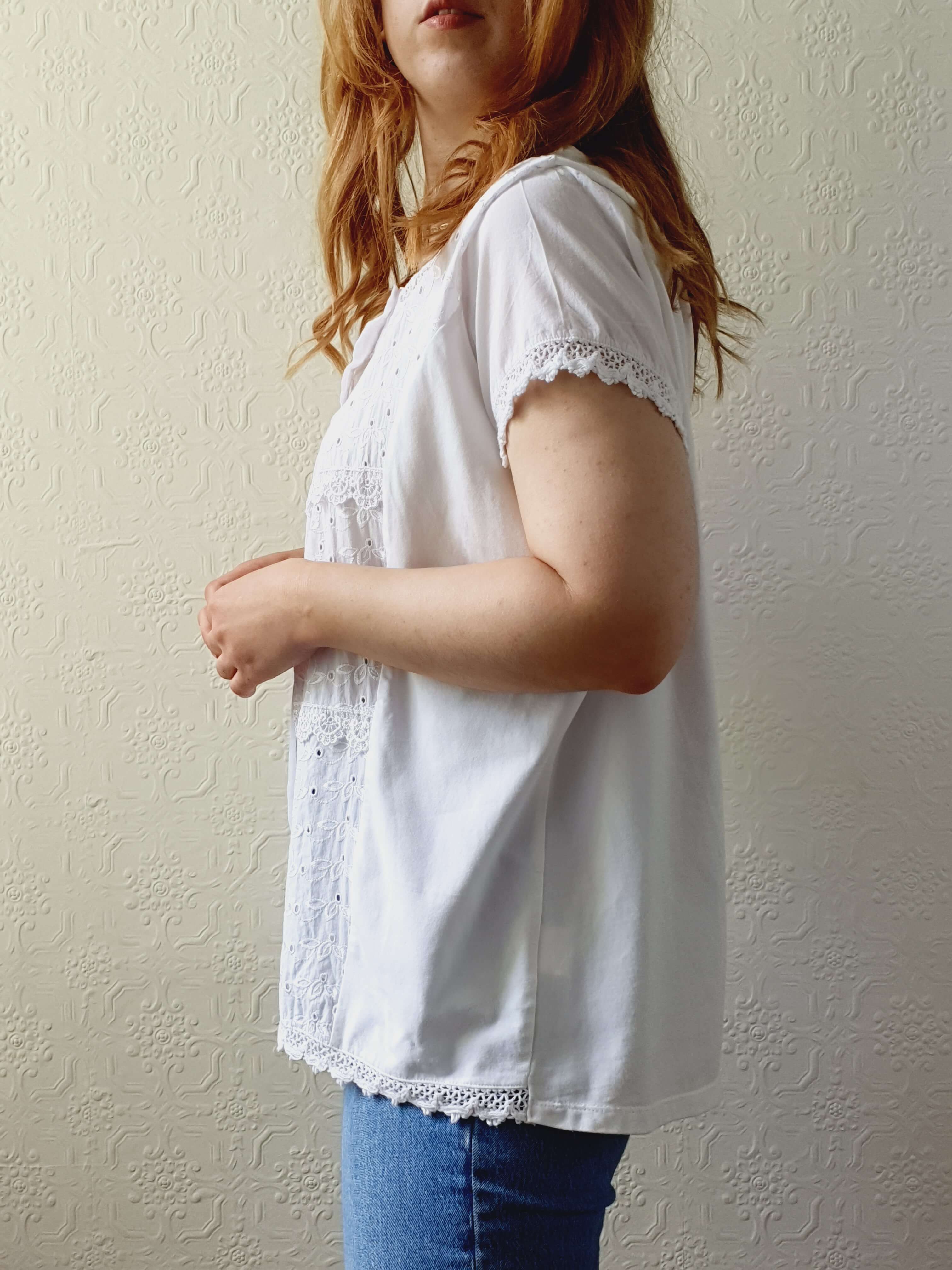 Vintage White Cotton Broderie Anglaise Short Sleeve Blouse - M - Image 5