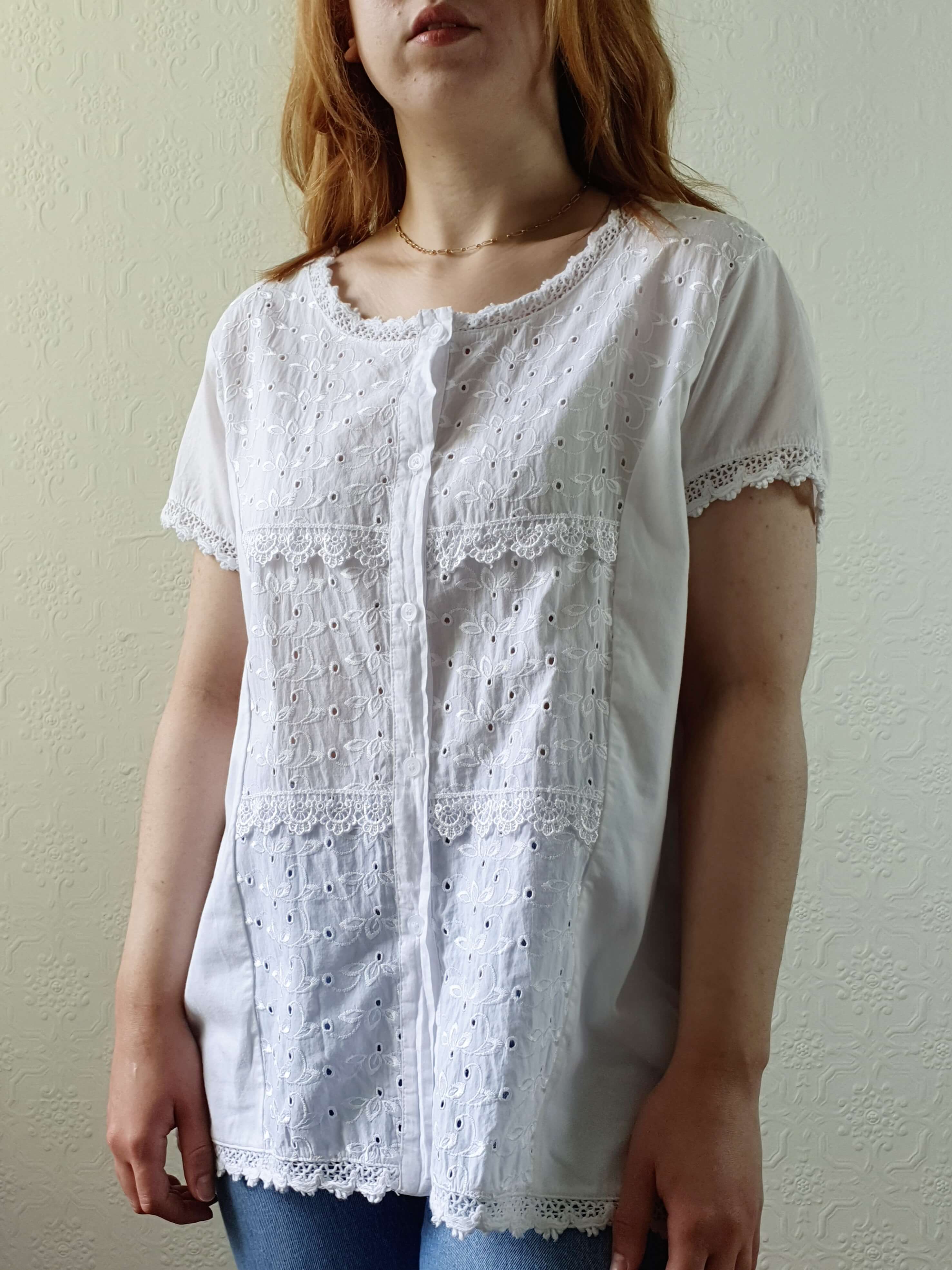 Vintage White Cotton Broderie Anglaise Short Sleeve Blouse - M - Image 6