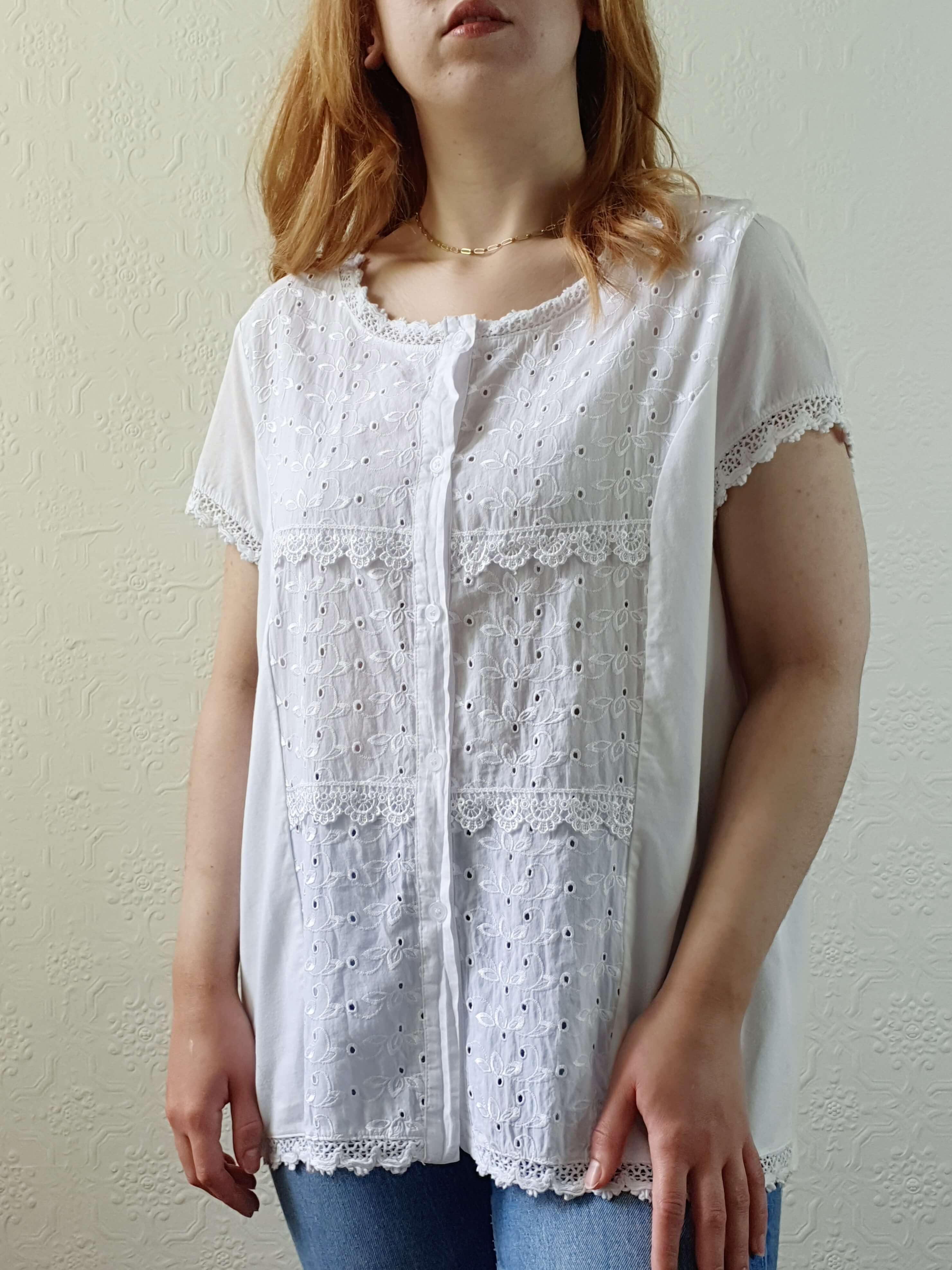 Vintage White Cotton Broderie Anglaise Short Sleeve Blouse - M - Image 7