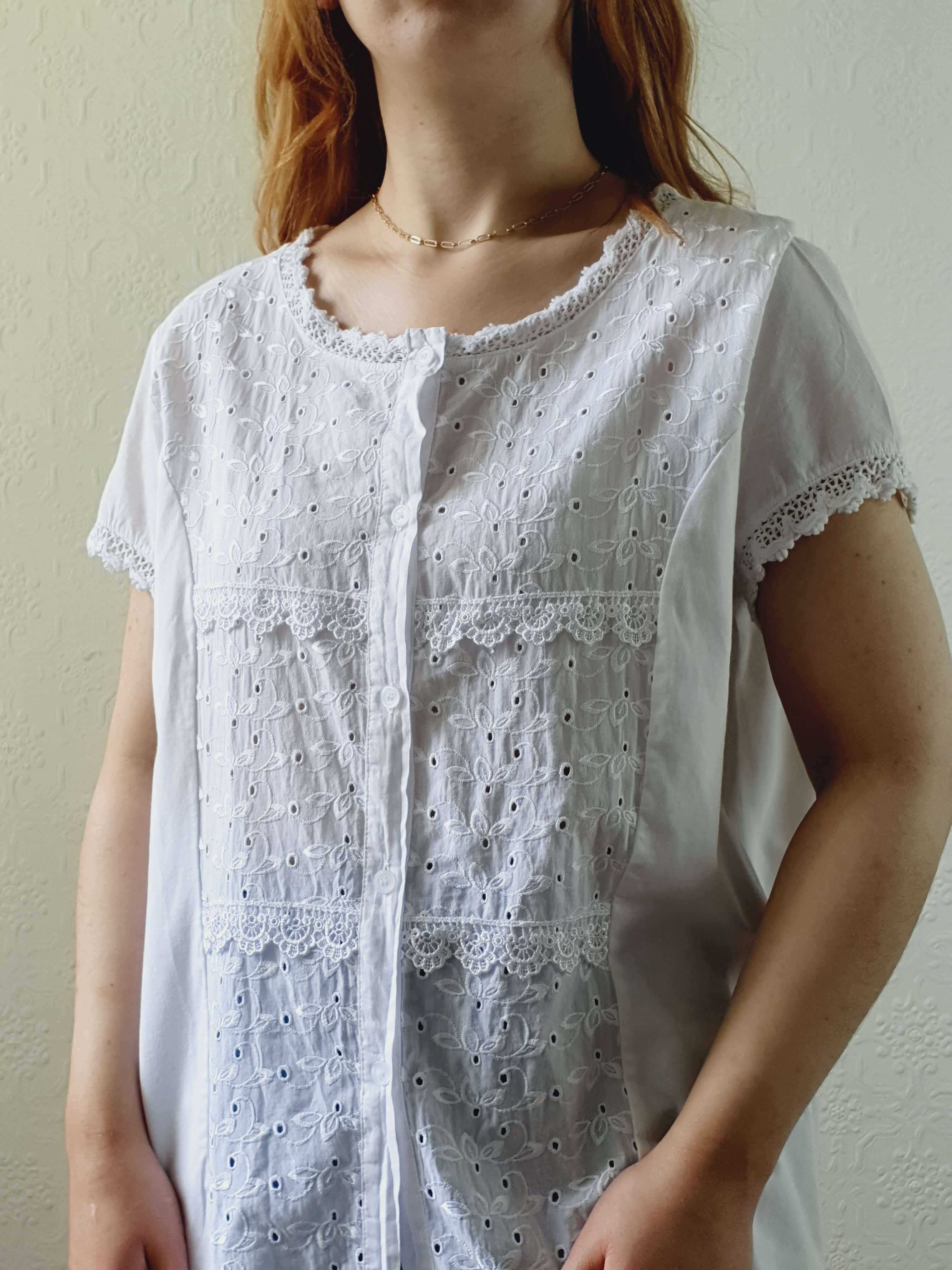 Vintage White Cotton Broderie Anglaise Short Sleeve Blouse - M - Image 8