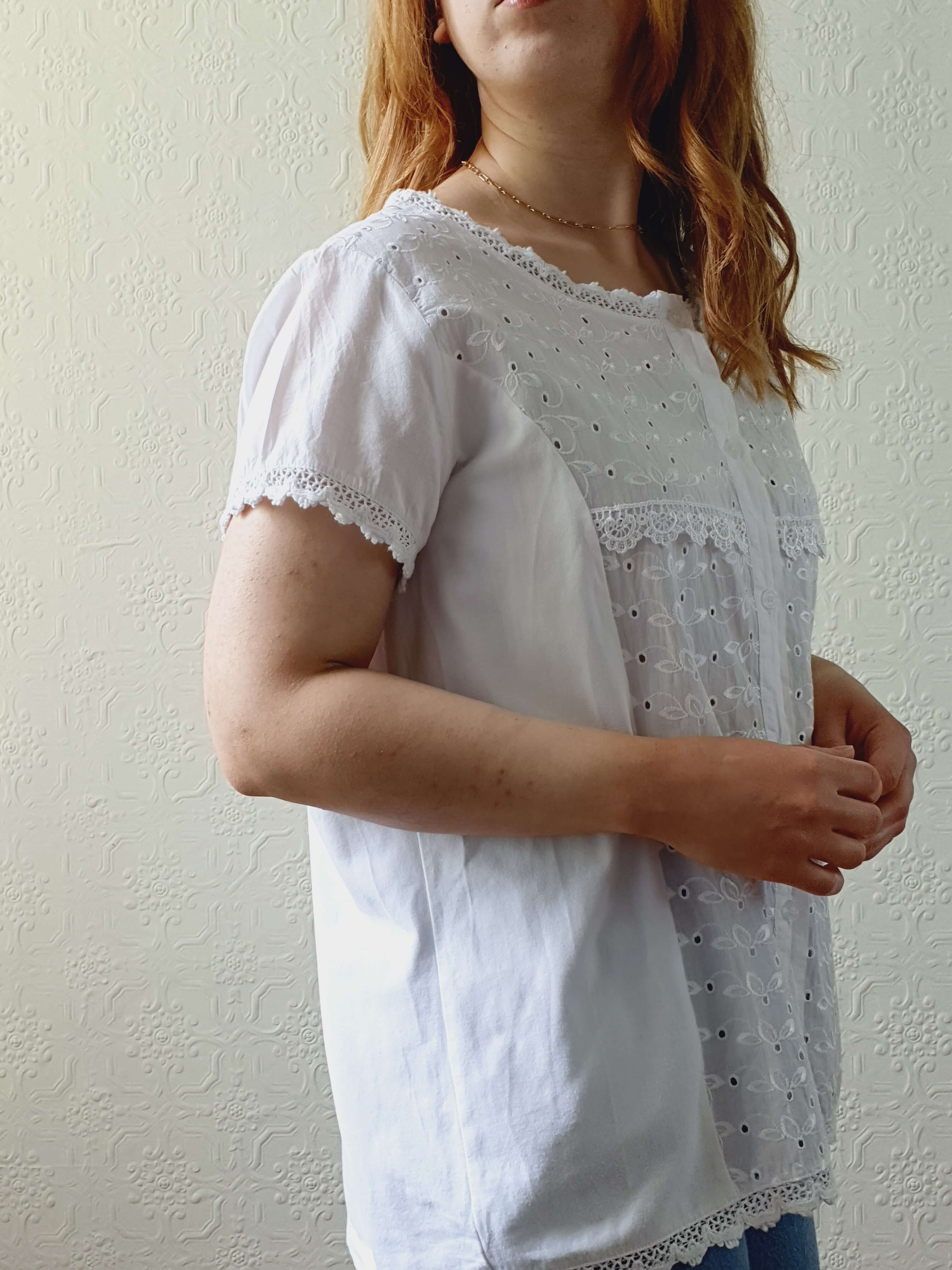 Vintage White Cotton Broderie Anglaise Short Sleeve Blouse - M - Image 9
