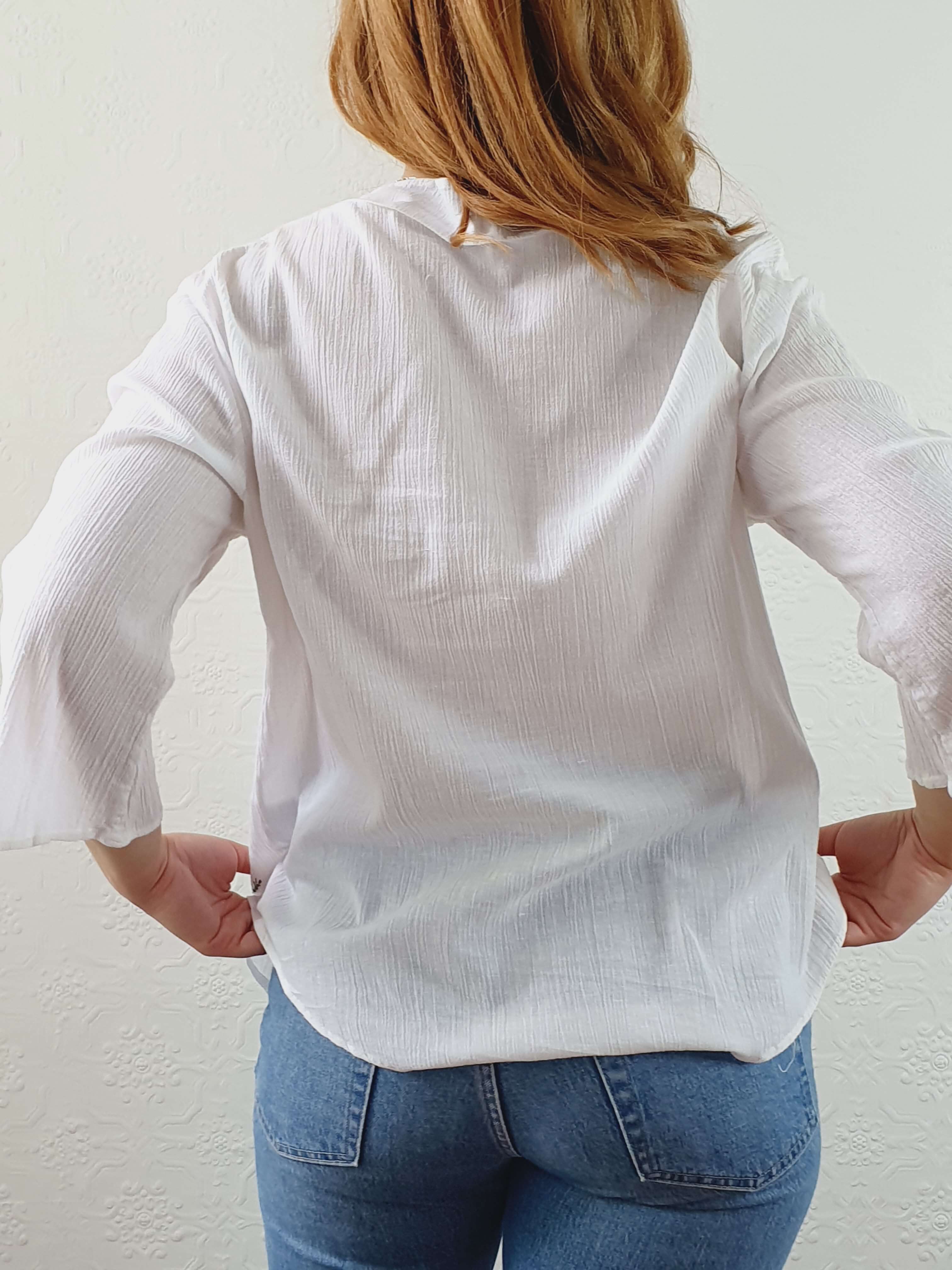 Vintage White Cotton Embroidered 3/4 Sleeve Blouse - M/L - Image 5
