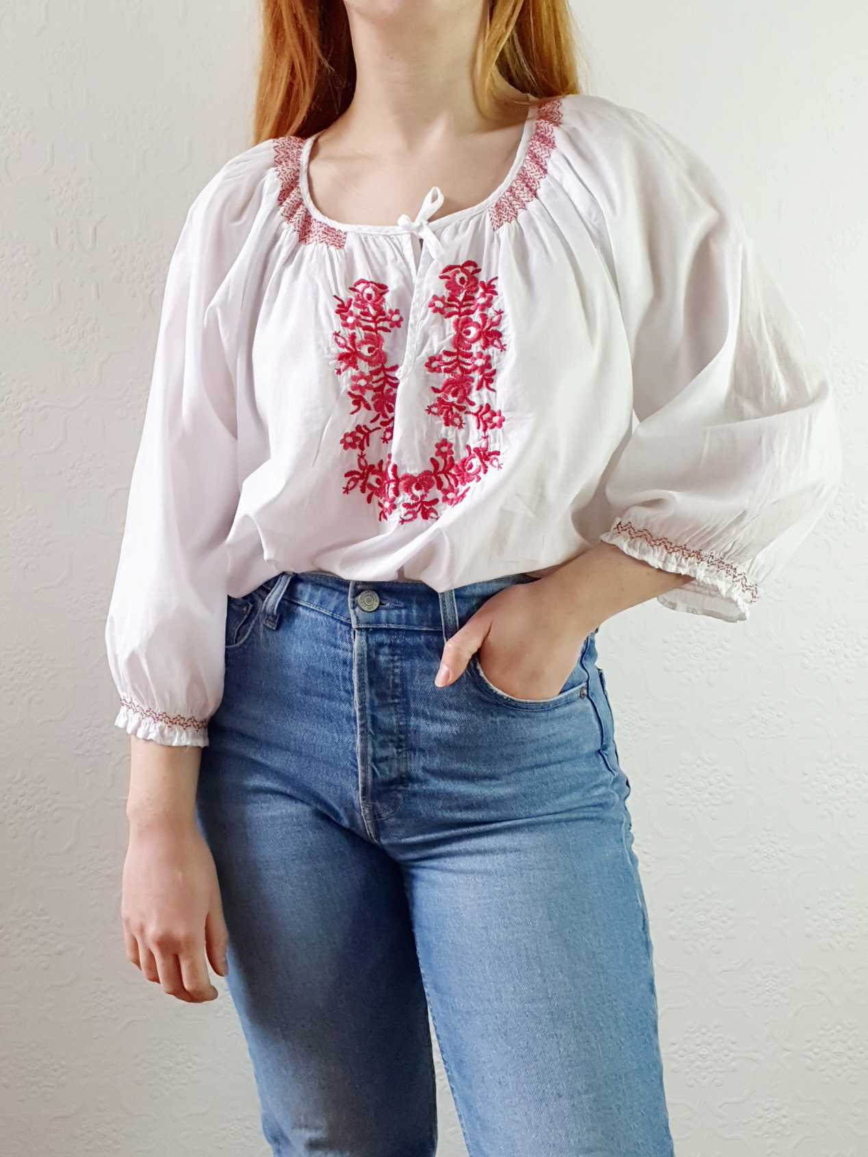 Vintage White Cotton Embroidered Folk Blouse - M/L - Image 2