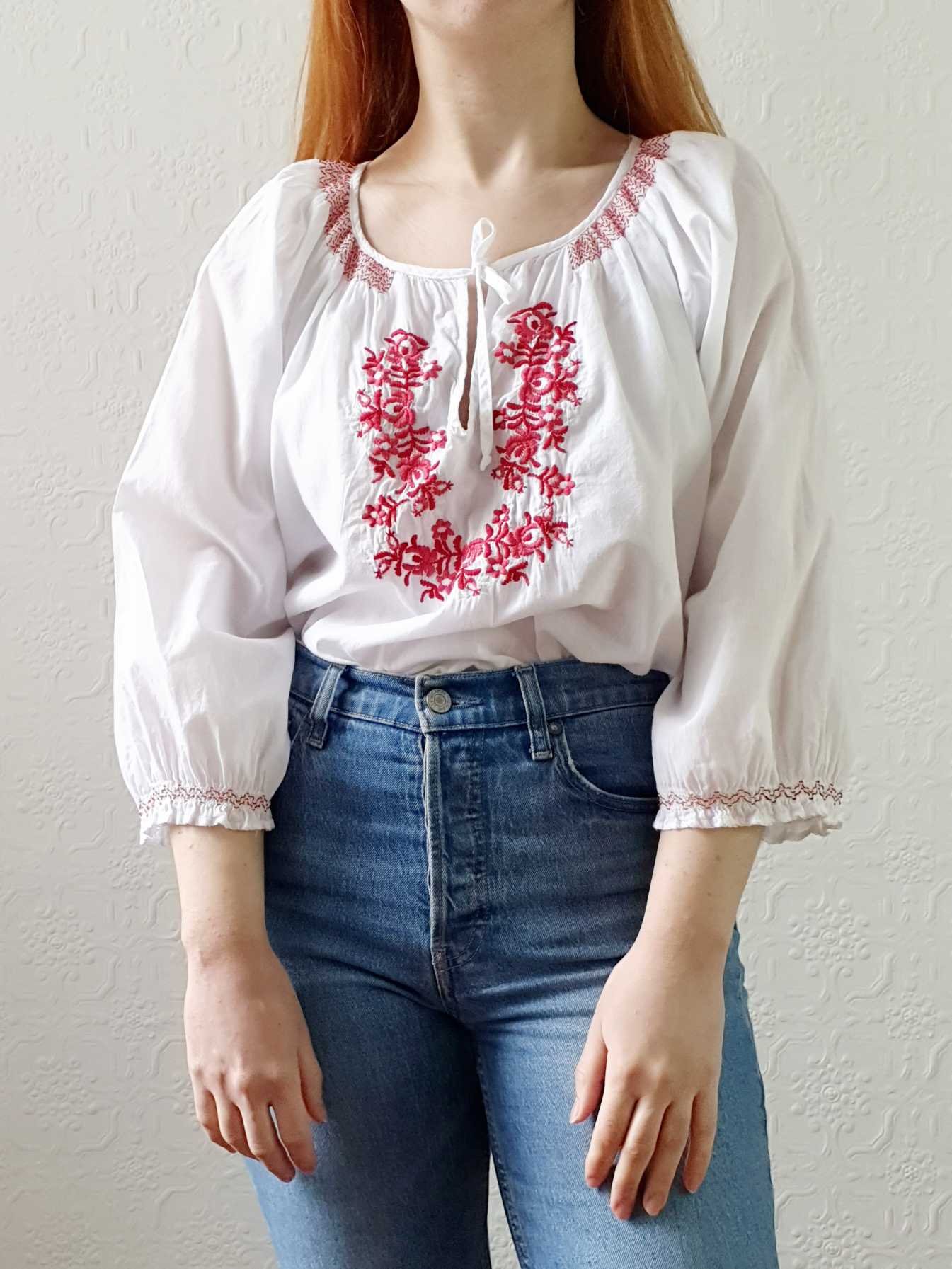 Vintage White Cotton Embroidered Folk Blouse - M/L - Image 3