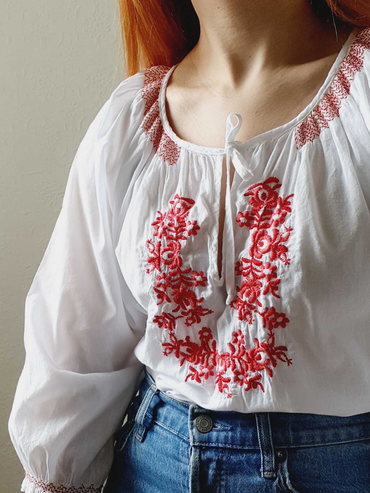 Vintage White Cotton Embroidered Folk Blouse - M/L - Image 4