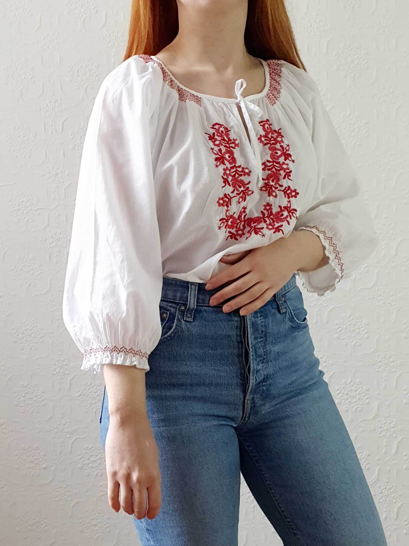 Vintage White Cotton Embroidered Folk Blouse - M/L - Image 5