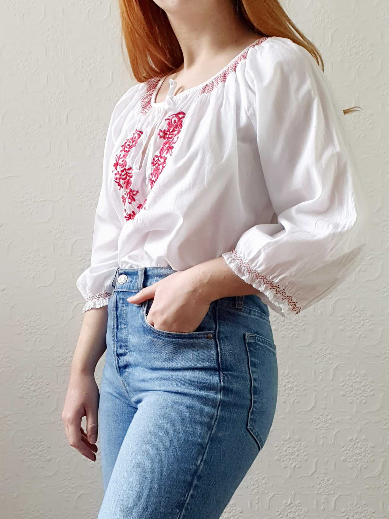 Vintage White Cotton Embroidered Folk Blouse - M/L - Image 6
